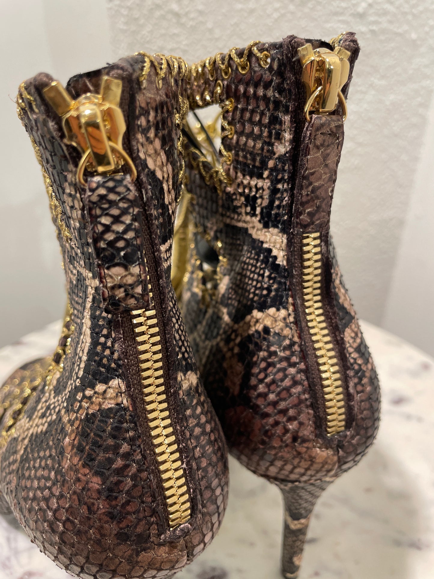 Roberto Cavalli Snakeskin Print Open-Toe Lace-Up Booties with Gold Tassels - 39