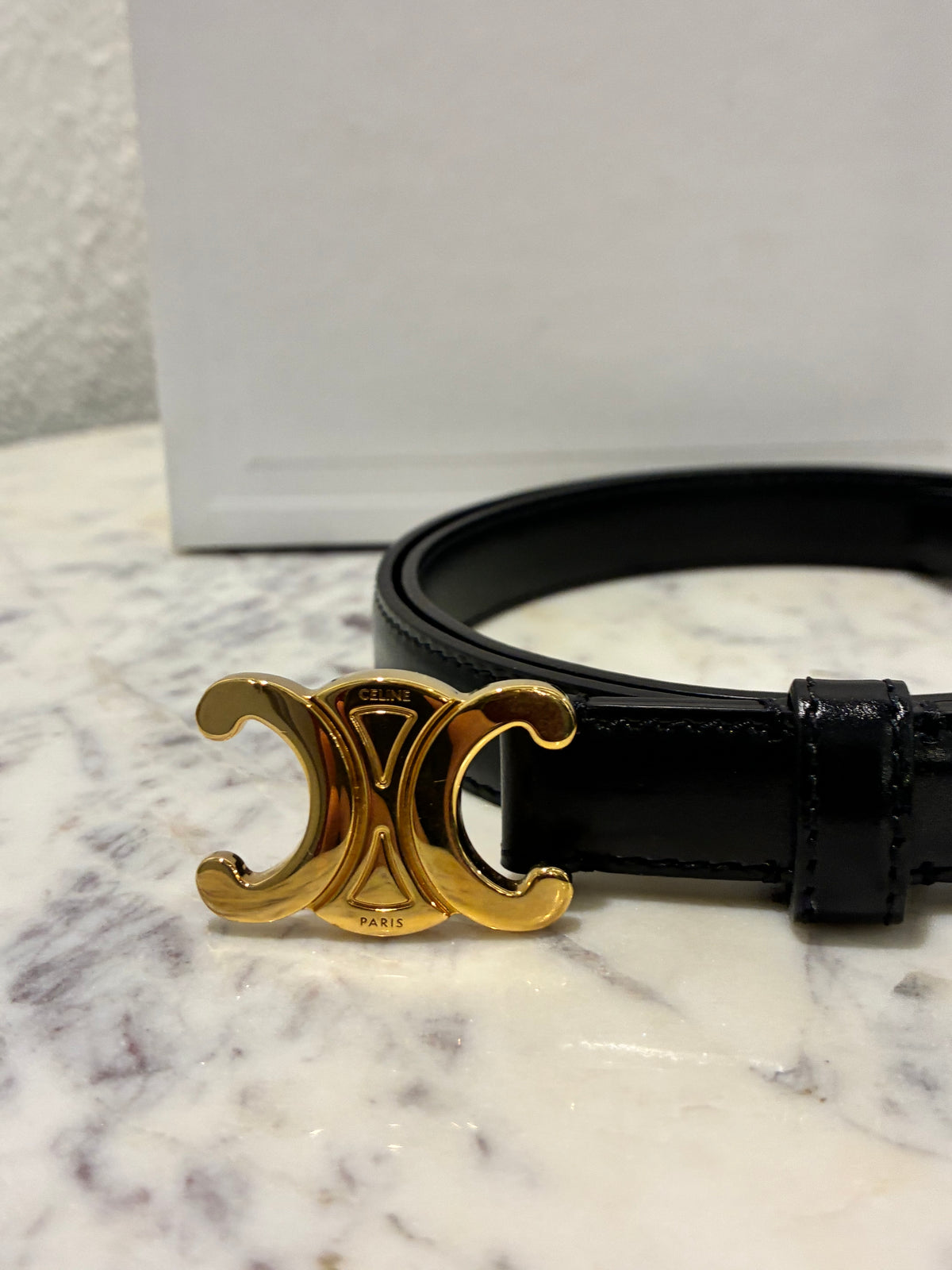 Celine Belt – Triomphe Belt - Black Leather & Gold Hardware - Size 80