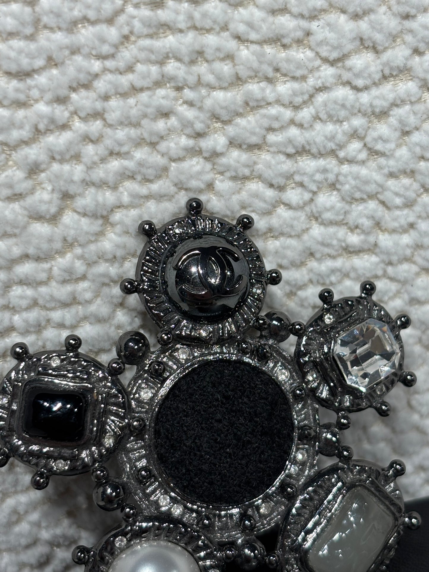 Chanel Brooch – Silver Metal with Stones, Pearl & Bouclé Detail
