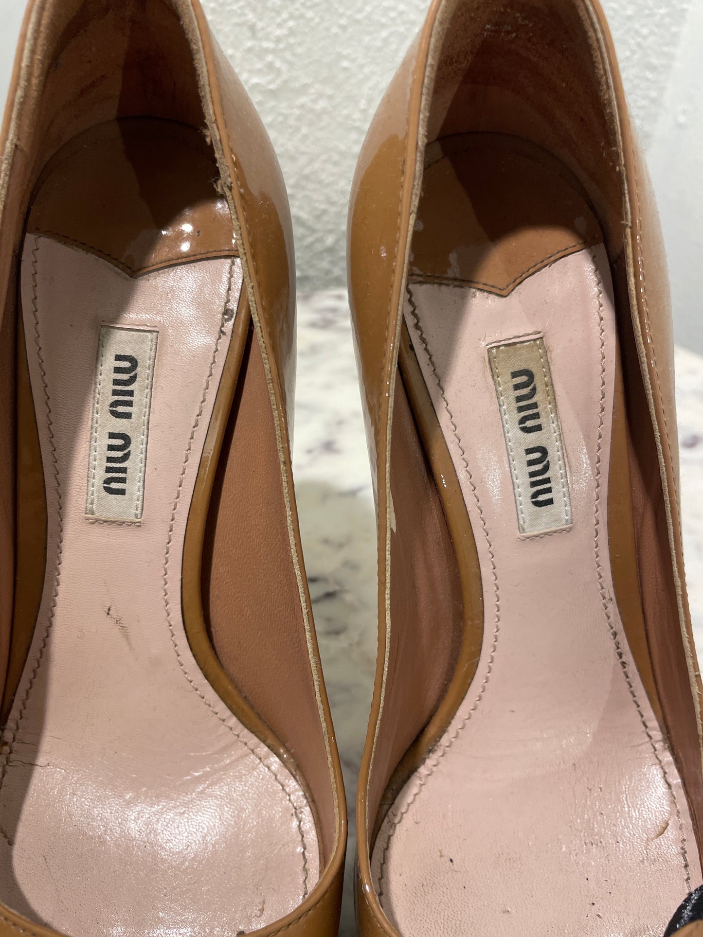 Vintage Miu Miu Camel Patent Leather Peep-Toe Platform Pumps - 36