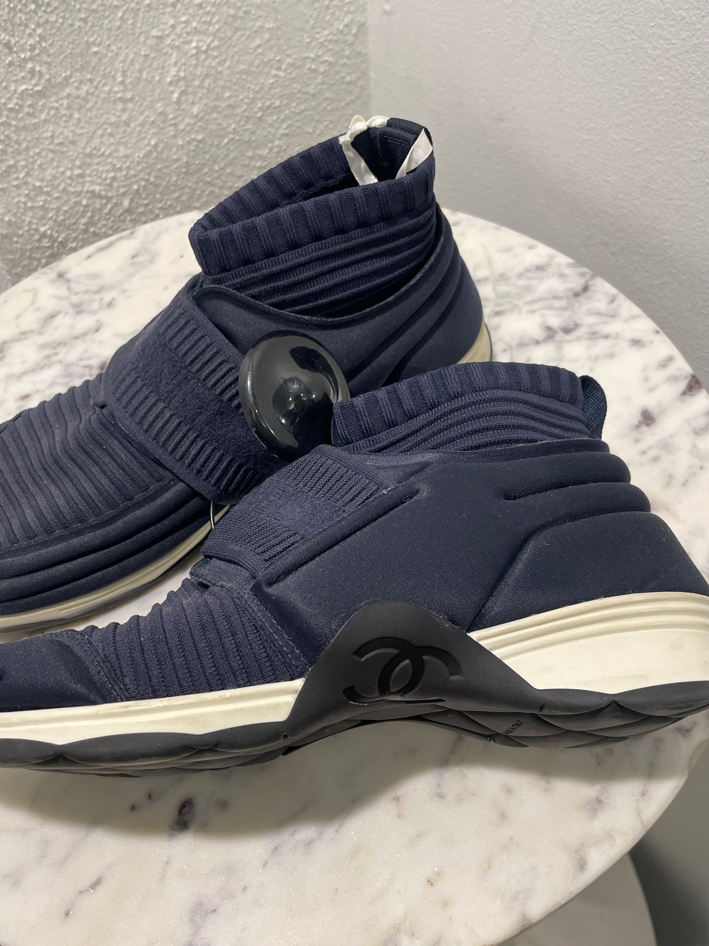 Chanel Navy Blue Knit High-Top Sock Sneakers - 38