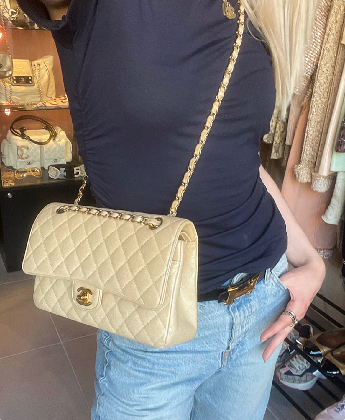Chanel Classic Flap Bag - Medium - Limited Edition - Iridescent beige - Guld hardware