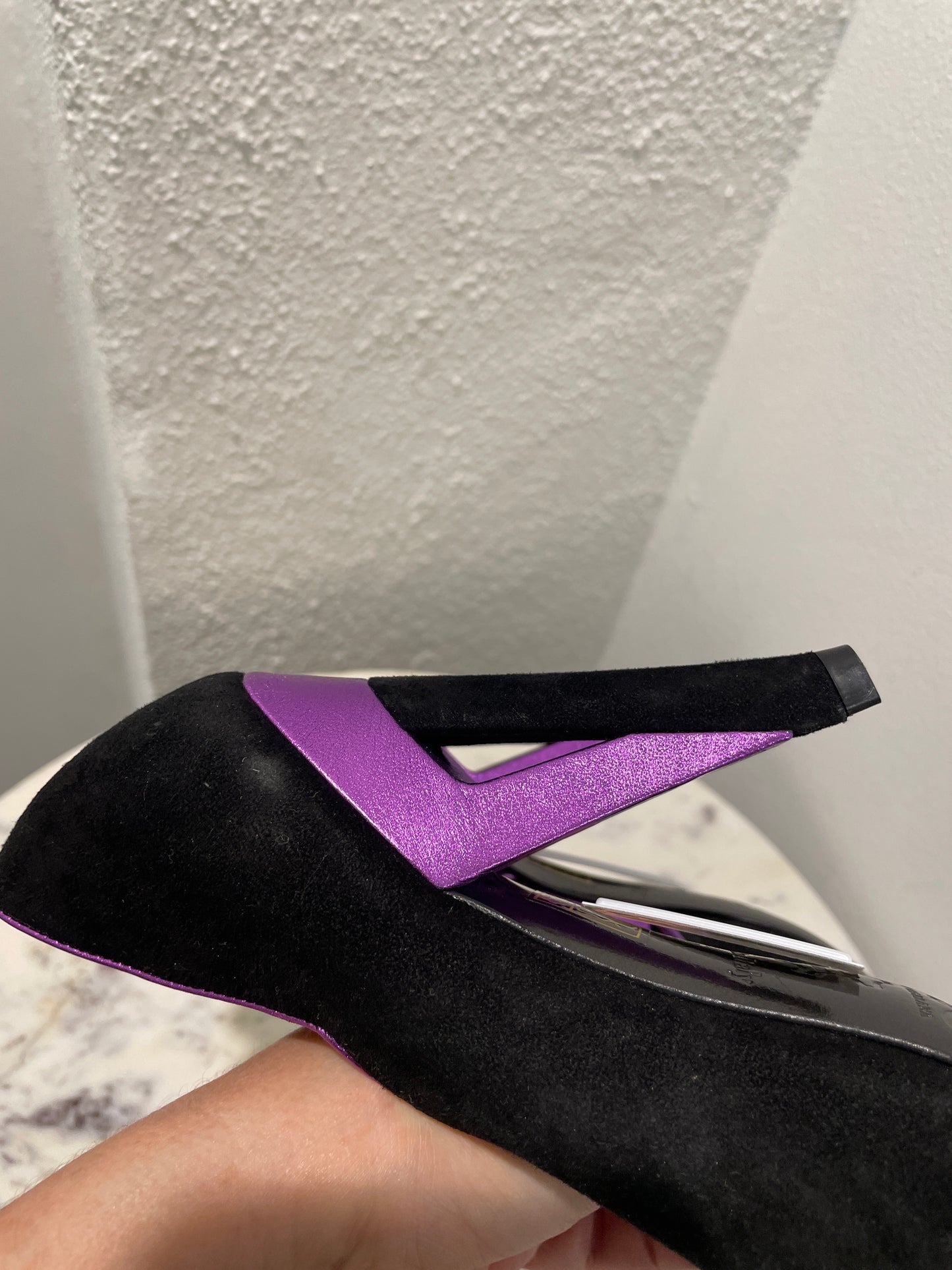 Vintage Dolce & Gabbana Black Suede Peep-Toe Pumps with Purple Heel Accents - 38
