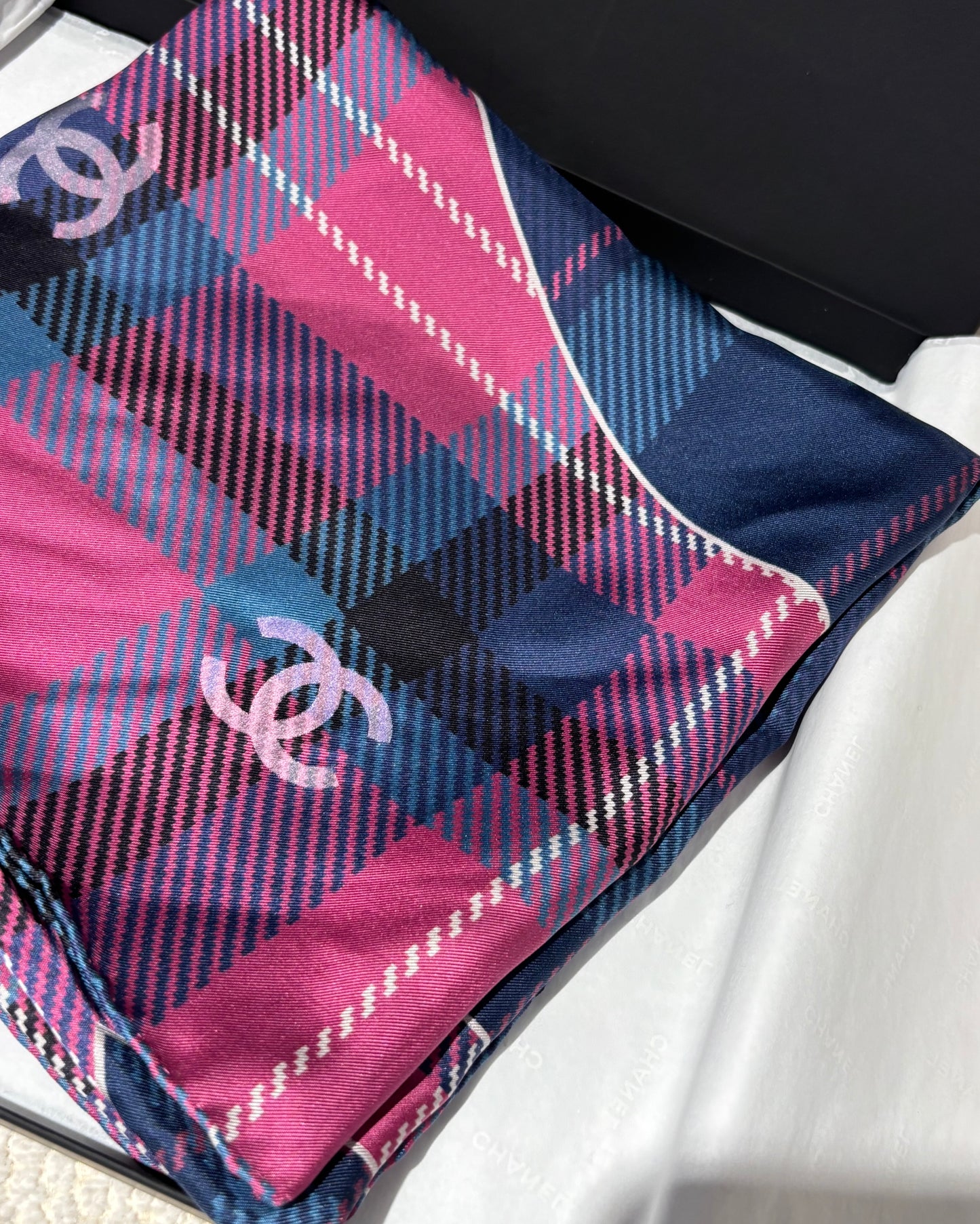 Chanel Scarf - Silk - Blue, Purple & Pink Plaid with Logos