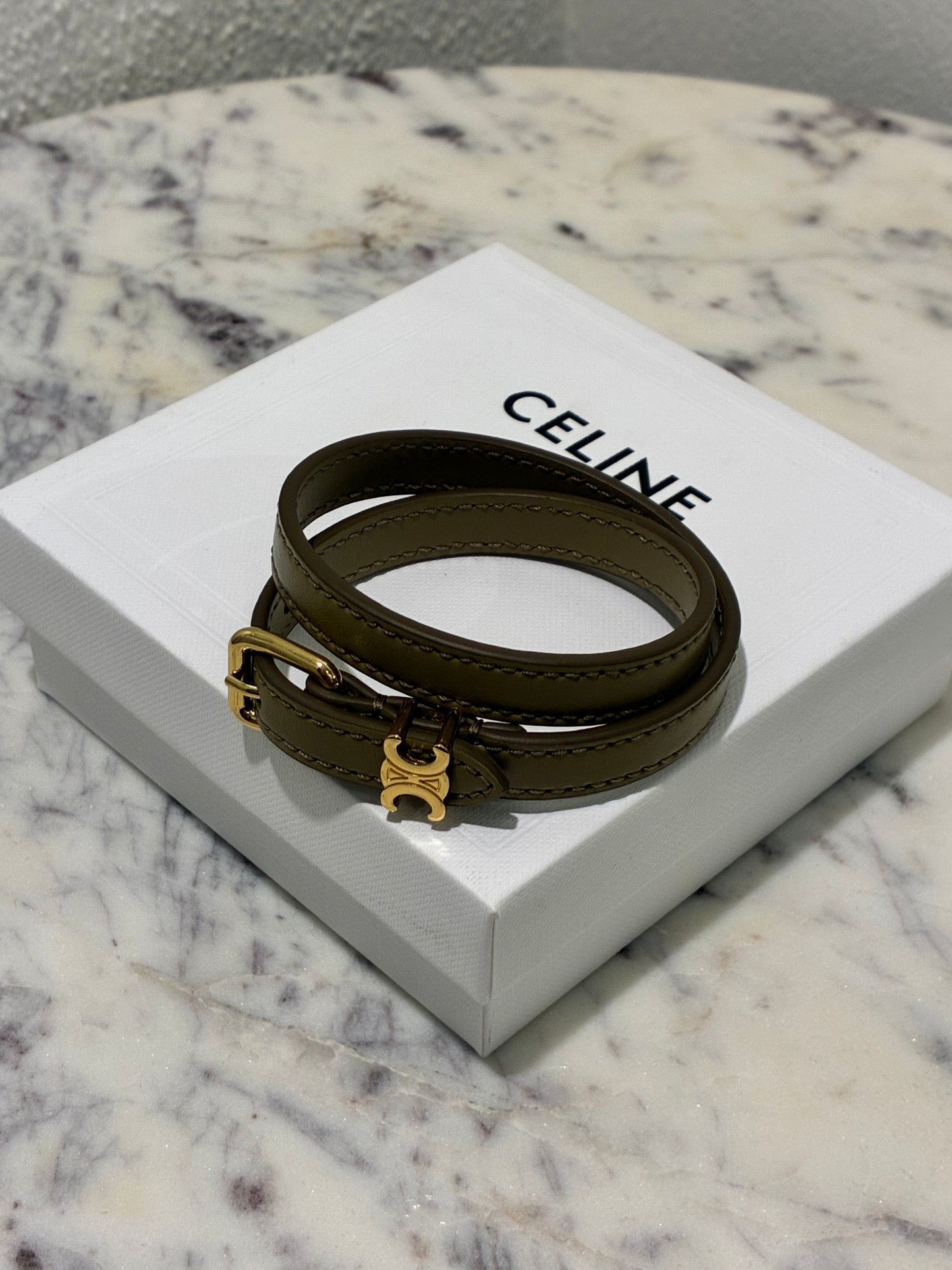 Celine Triomphe Bracelet - Olive Green & Gold Logo Hardware