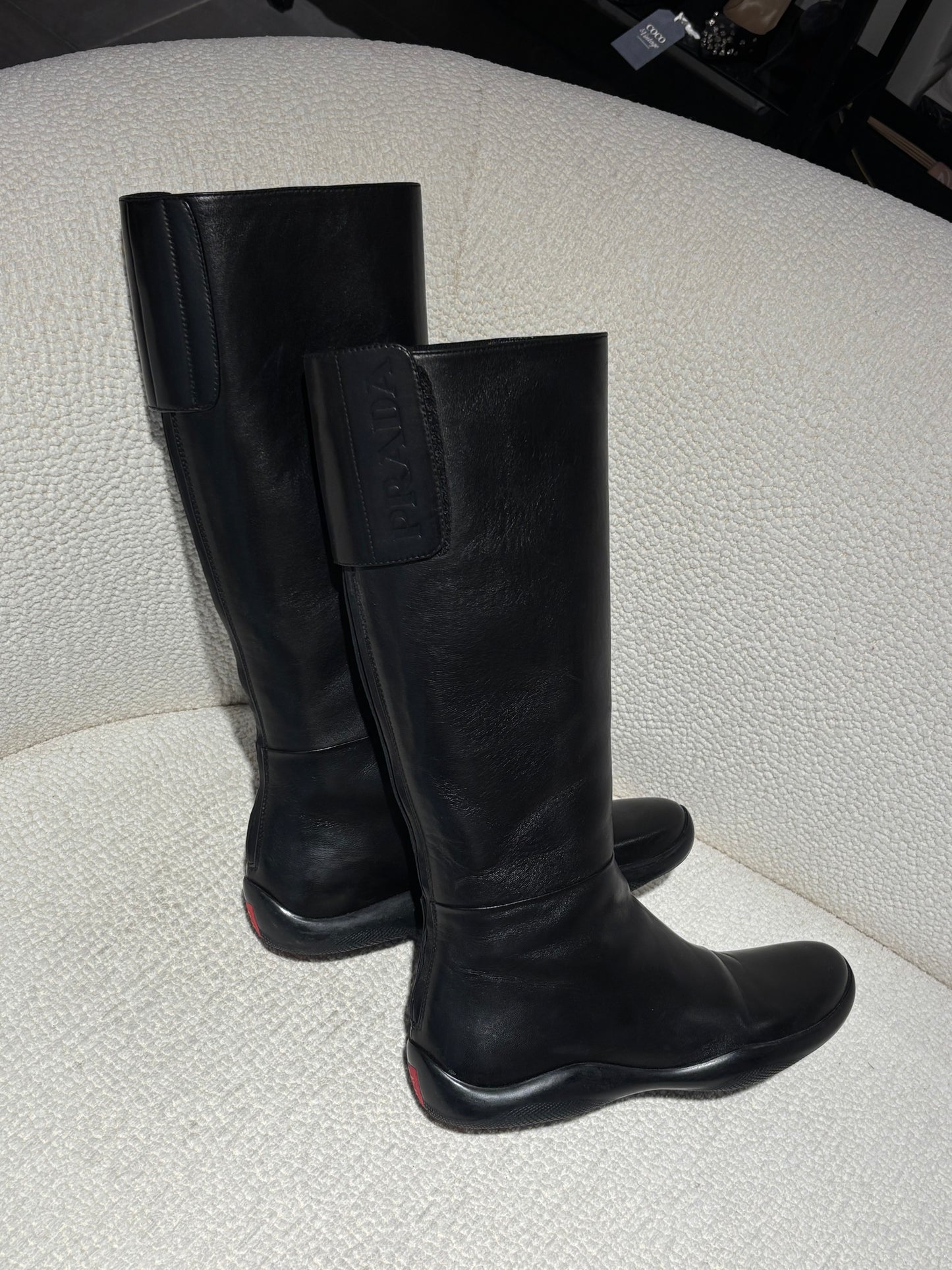 Prada Knee-High Boots - Black Leather & Embossed Logo - EU 39.5
