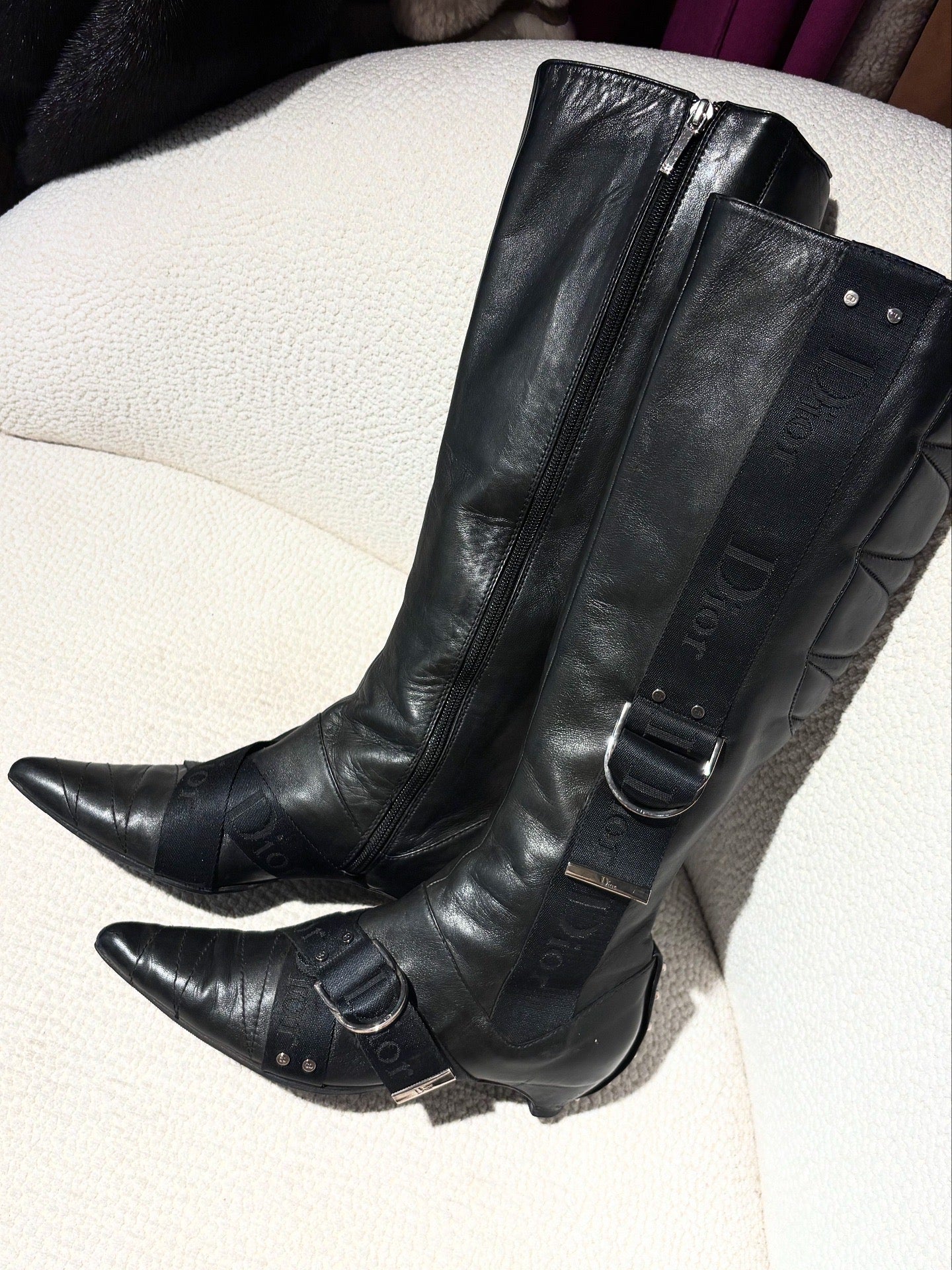 Dior Knee-High Boots – Black Leather with Logo Straps & Stud Details – EU 38