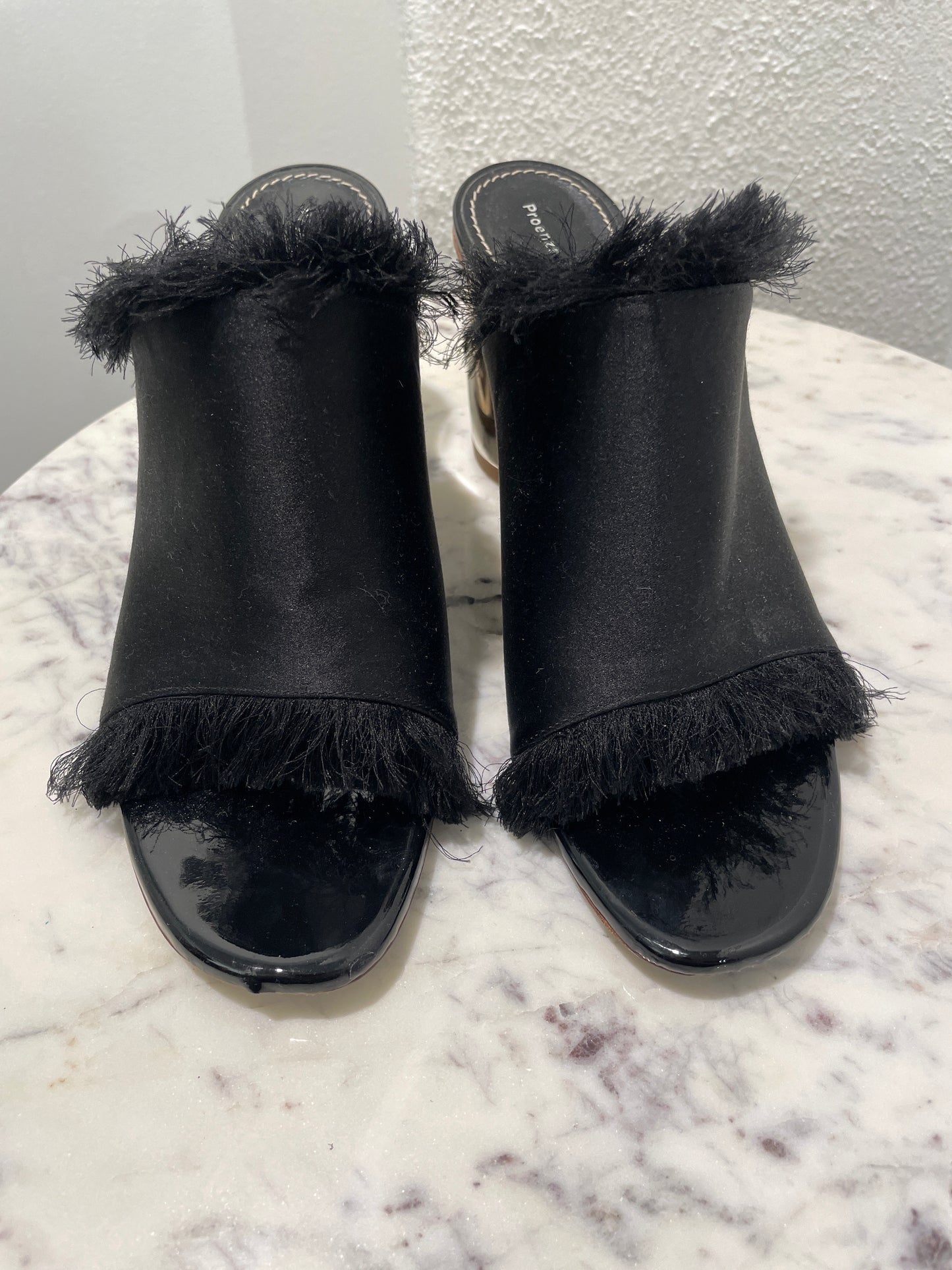 Proenza Schouler - Fringed Satin Open-Toe Mules with Metallic Block Heel - 39