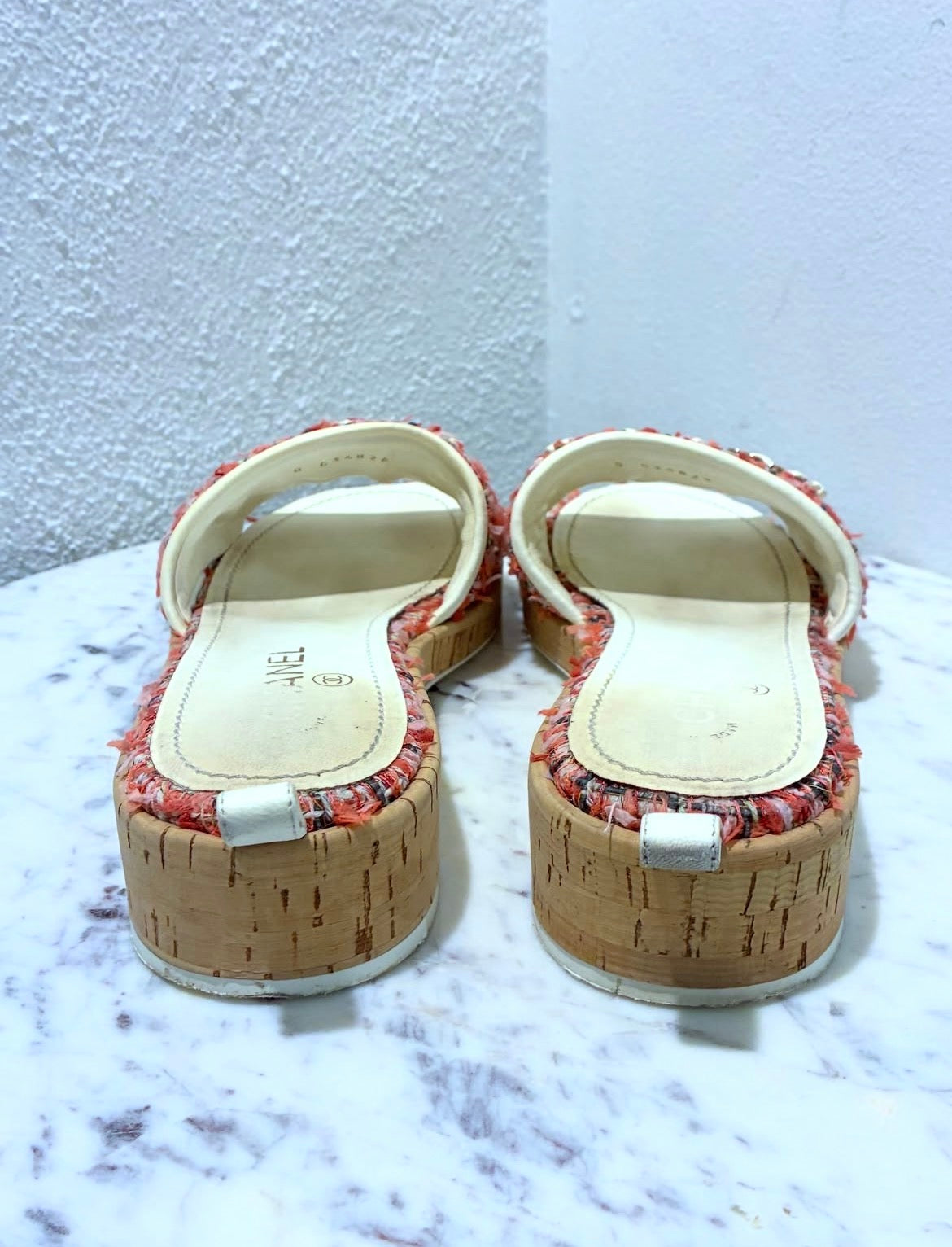 Chanel Tweed Mules – Pink with Chain Logo text – EU 40