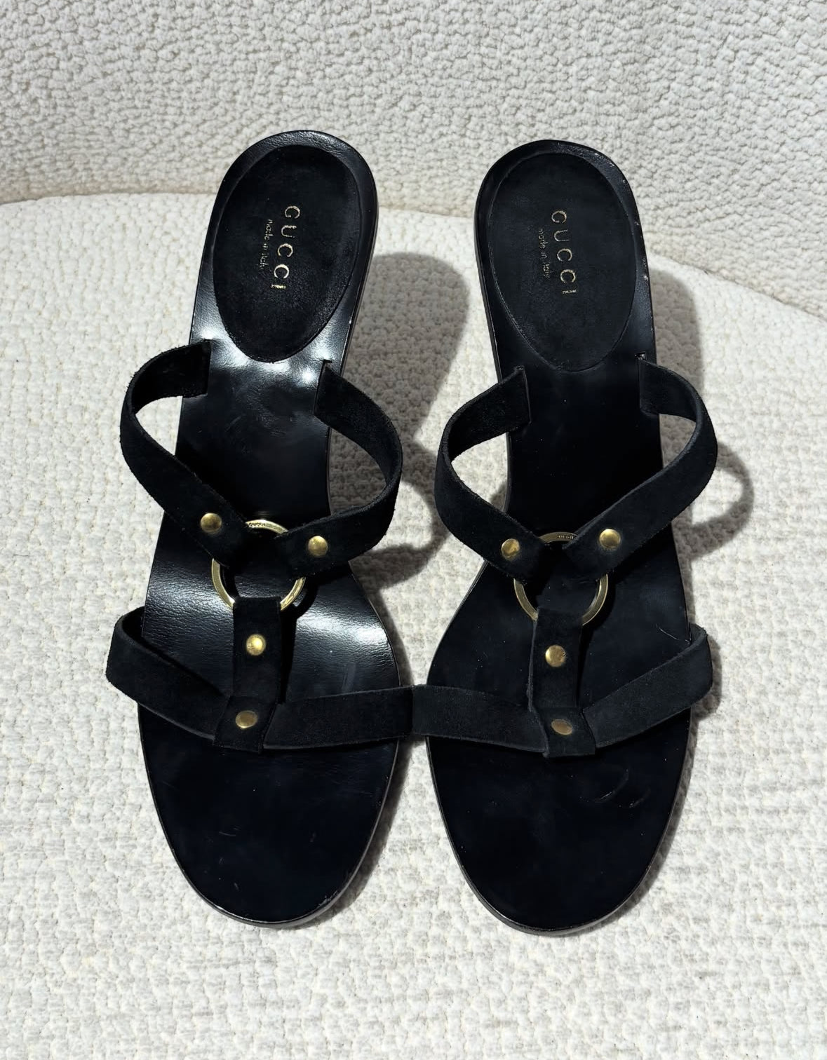 Gucci Heeled Sandals – Black Suede with Gold Metal Heel & Ring – EU 39.5