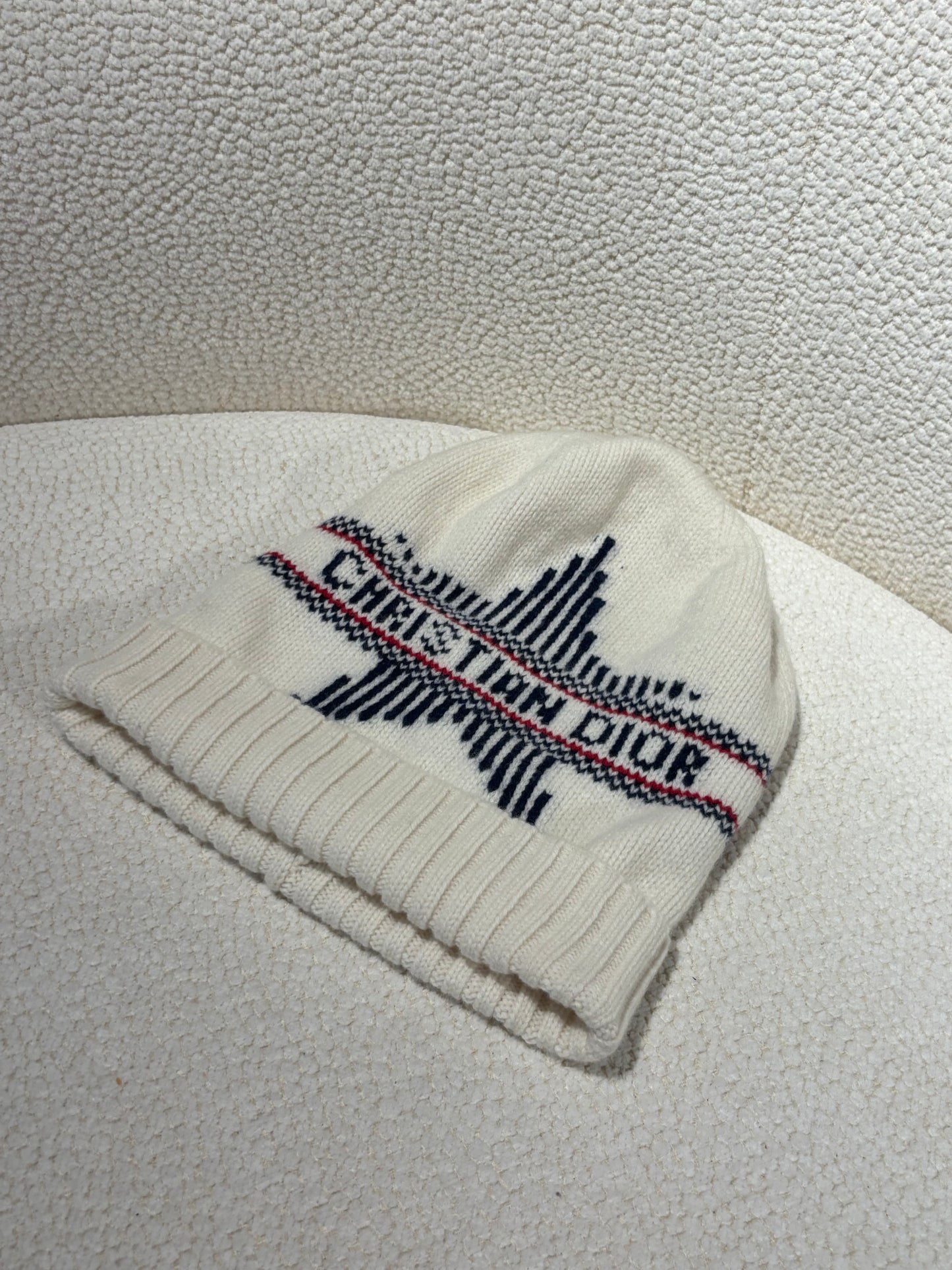 Christian Dior Beanie – Knit & Logo Details in White, Red & Blue
