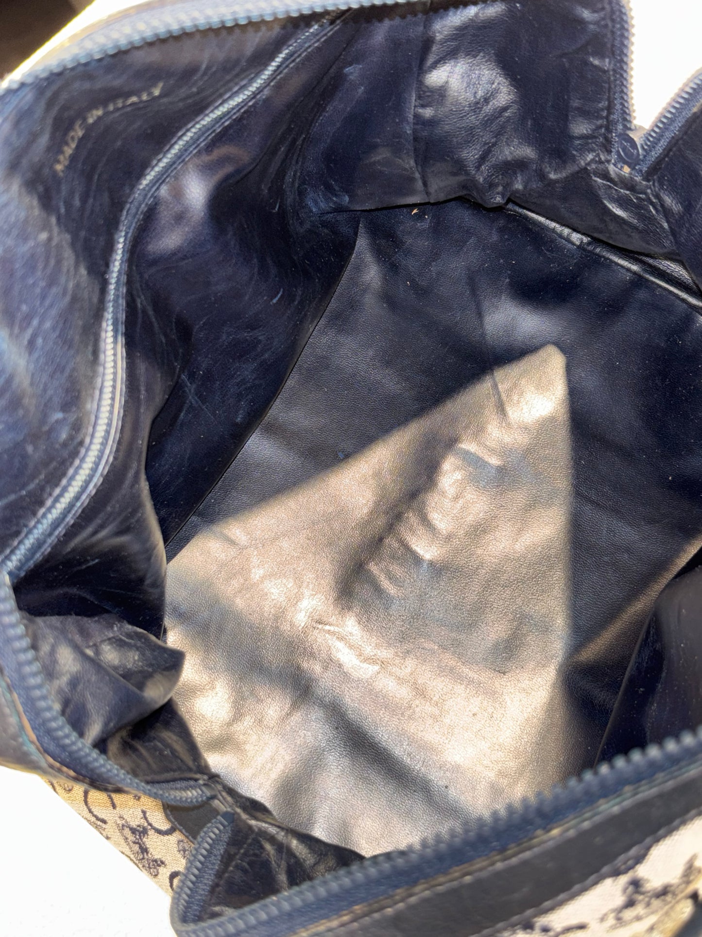 Celine Vintage Macadam Boston Bag – Grey & Navy Canvas & Leather