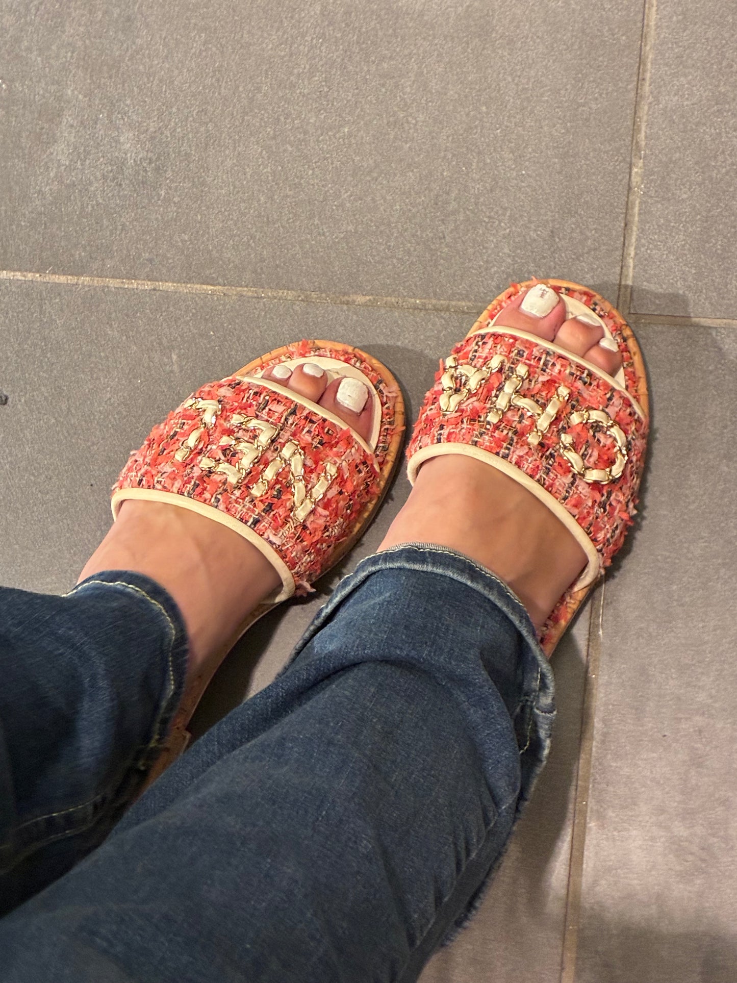 Chanel Tweed Mules – Pink with Chain Logo text – EU 40