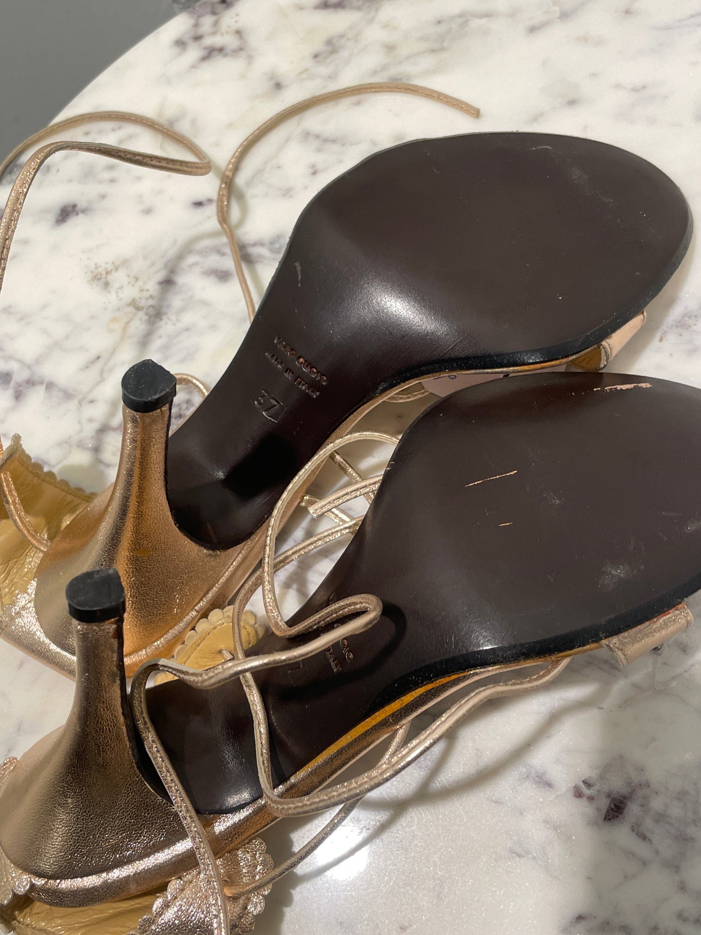 La Perla Metallic Rose Gold Studded Lace-Up Heeled Sandals – 37
