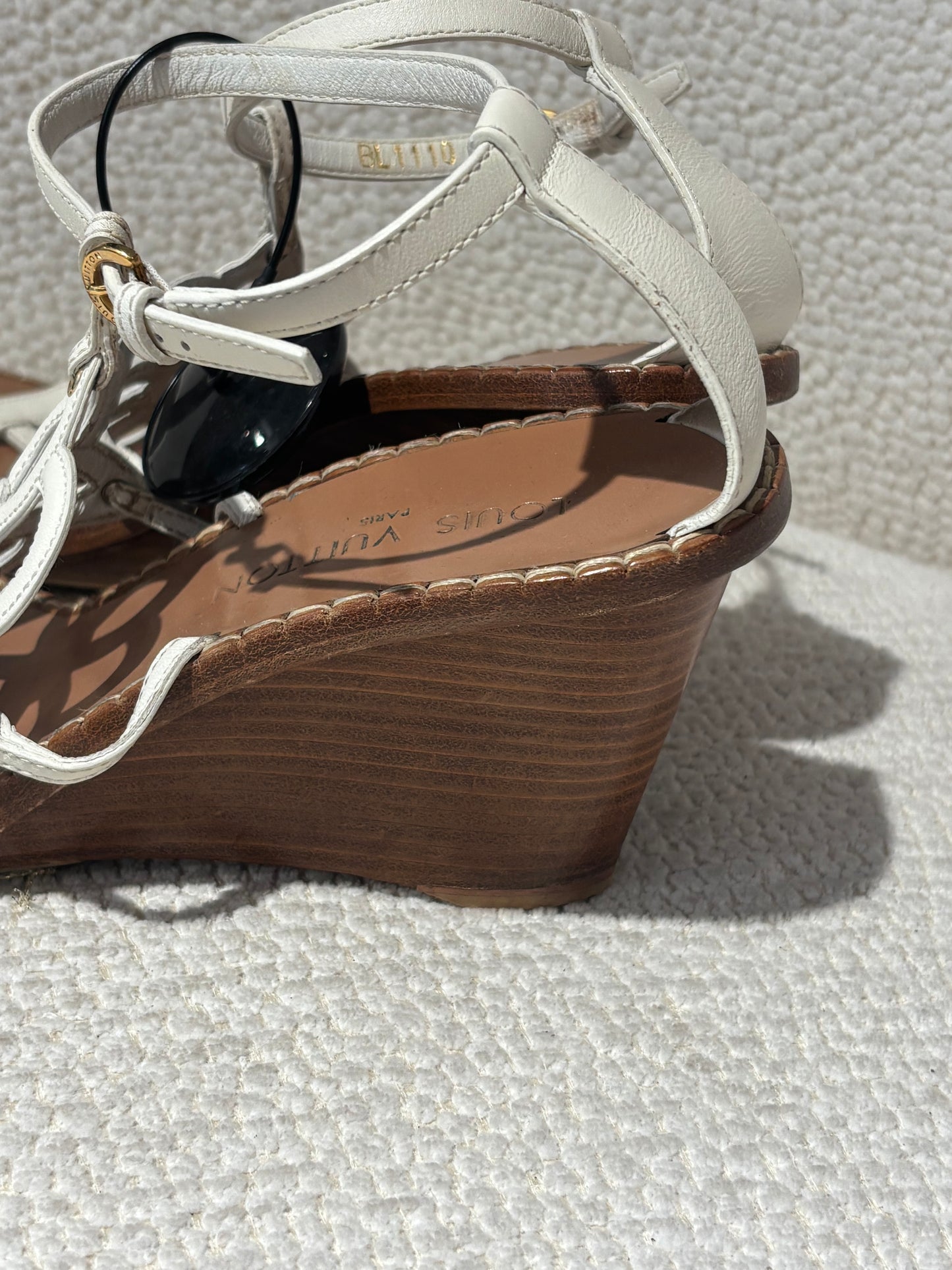 Louis Vuitton Wedge Sandals – White Leather with Flower Detail