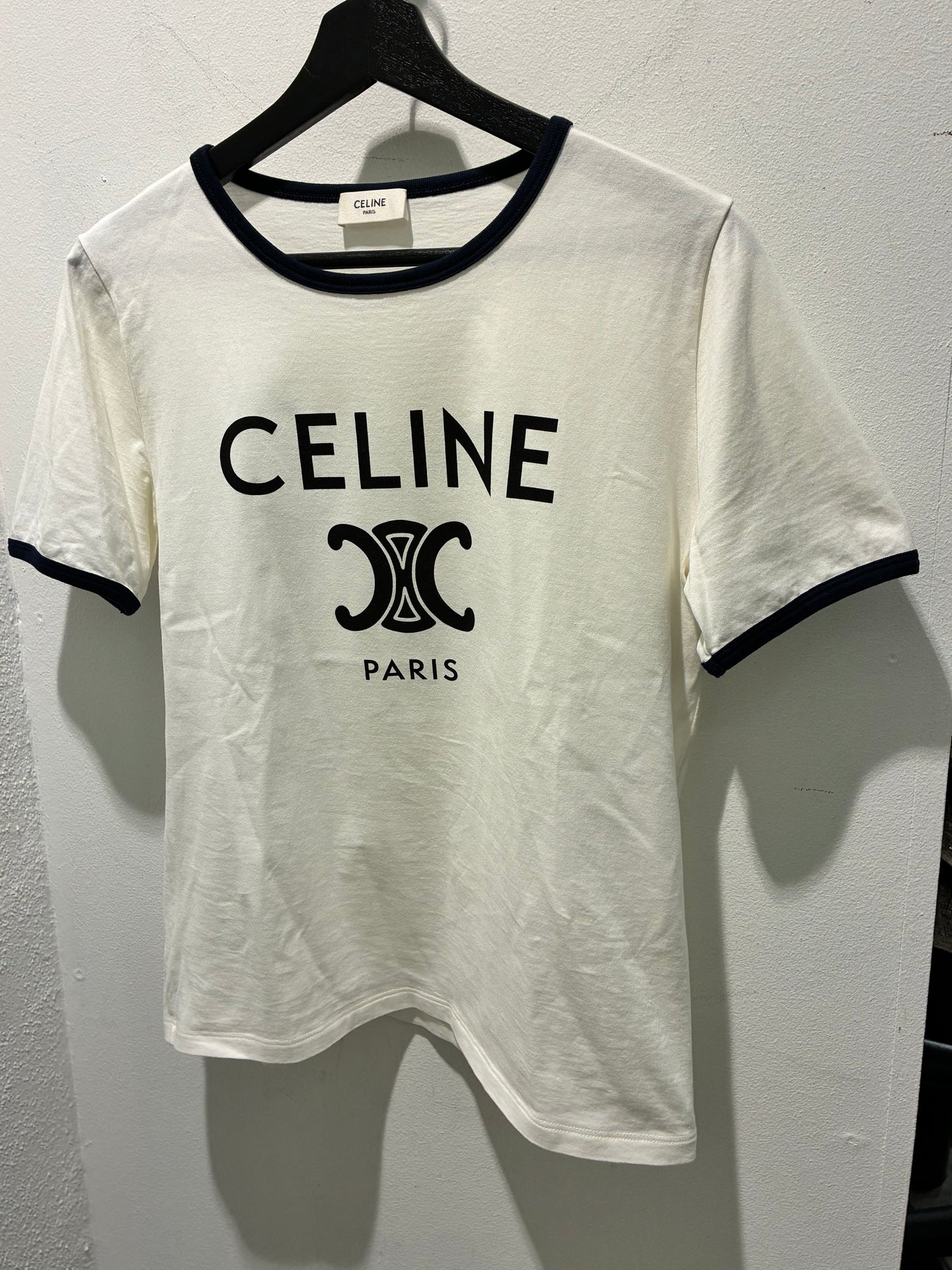 Celine Triomphe Tee - White & Navy - Size S/M