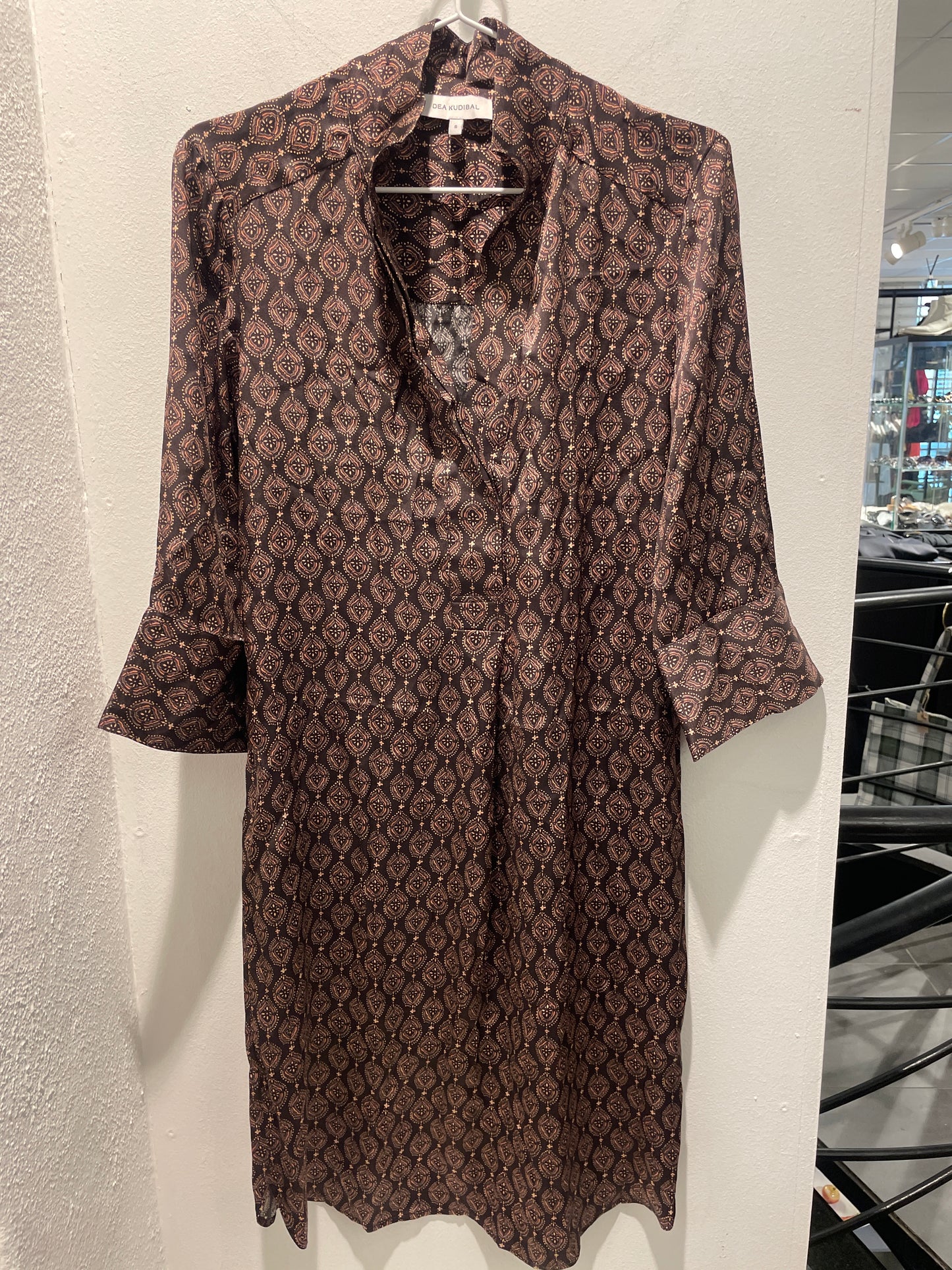 Dea Kudibal — Silk Dress with Geometric Print in Brown and Old Rose - Size S