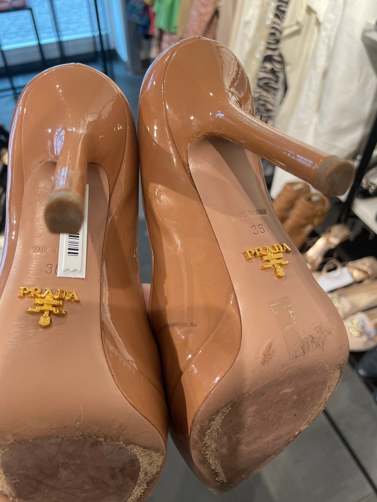 Vintage Prada Camel Nude Patent Leather Platform Pumps - 36