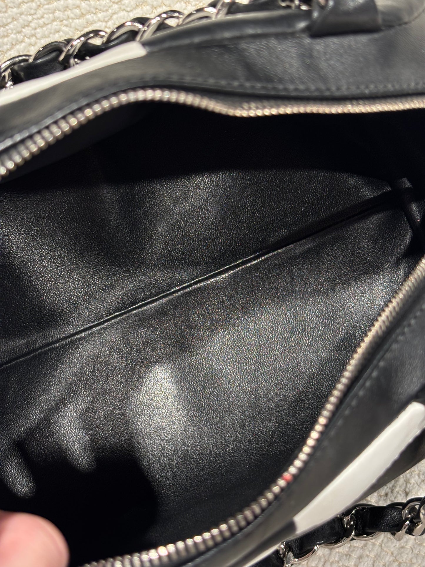 Chanel Bowling Bag – Bicolor CC Black & White Lambskin with Silver Chain
