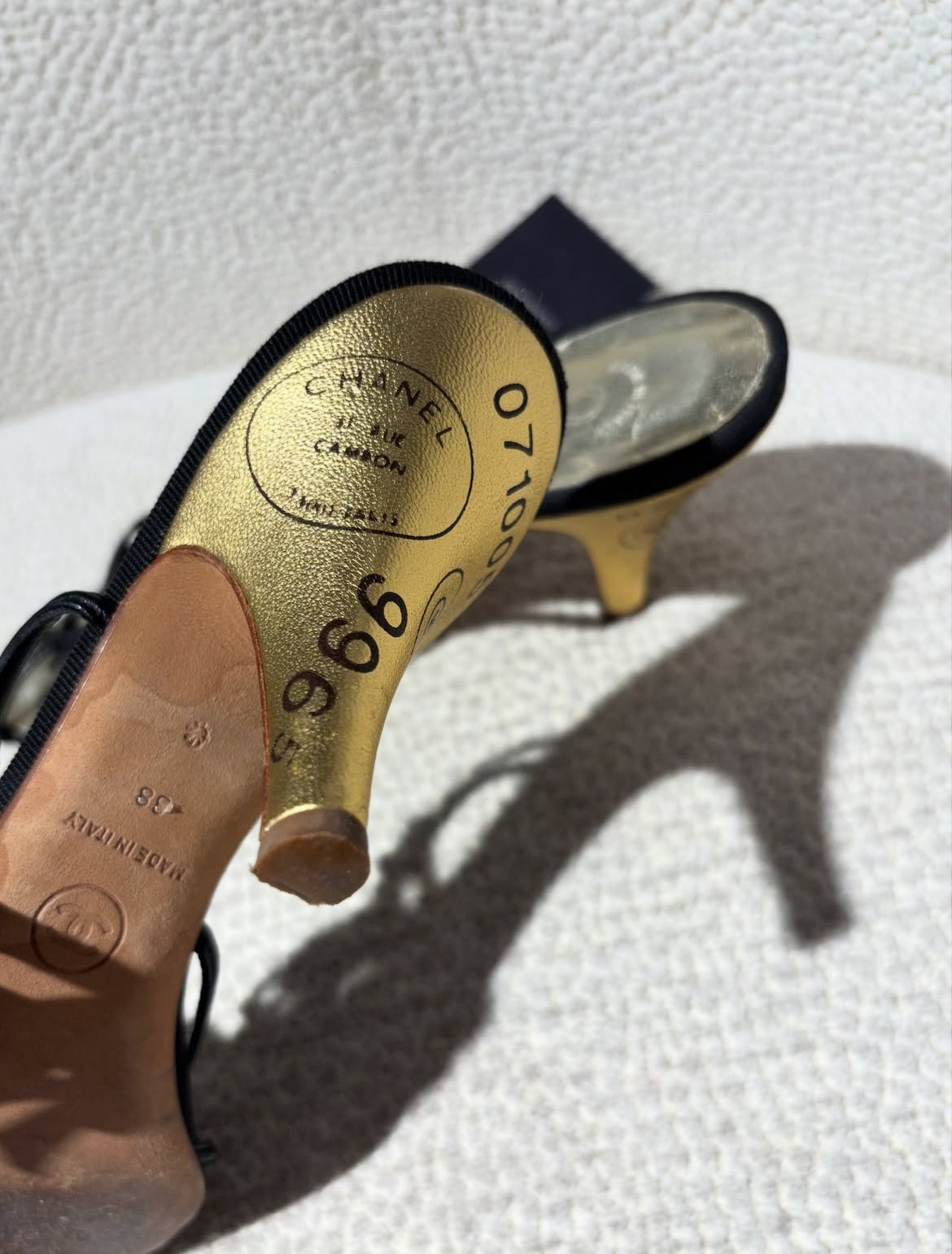Chanel Slingback Heels – Black & Gold Lambskin with Graphic Heel Details - EU 38