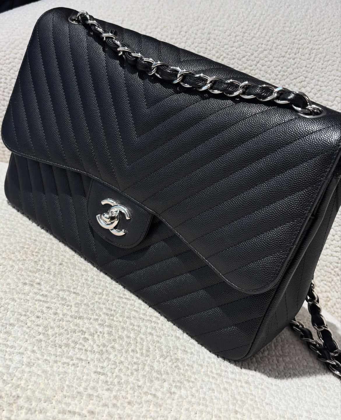 Chanel Classic Flap Bag Chevron - Jumbo - Black Caviar & Silver Hardware