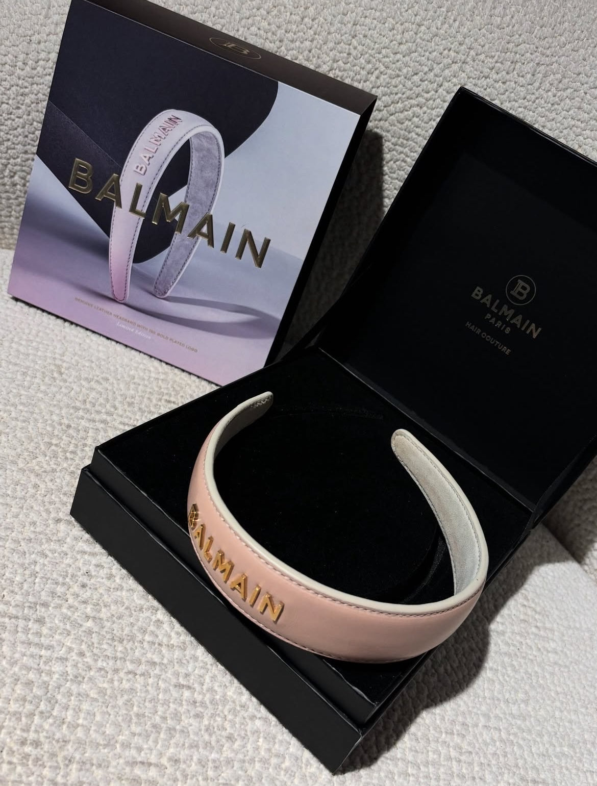 Balmain Headband - Soft pink leather & 18 Carat Gold Logo