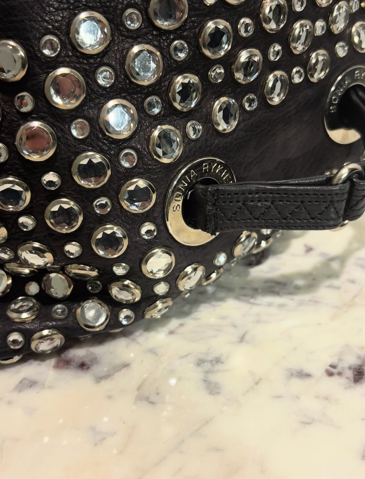 Sonia Rykiel - Black Leather Rhinestone Studded Shoulder Bag