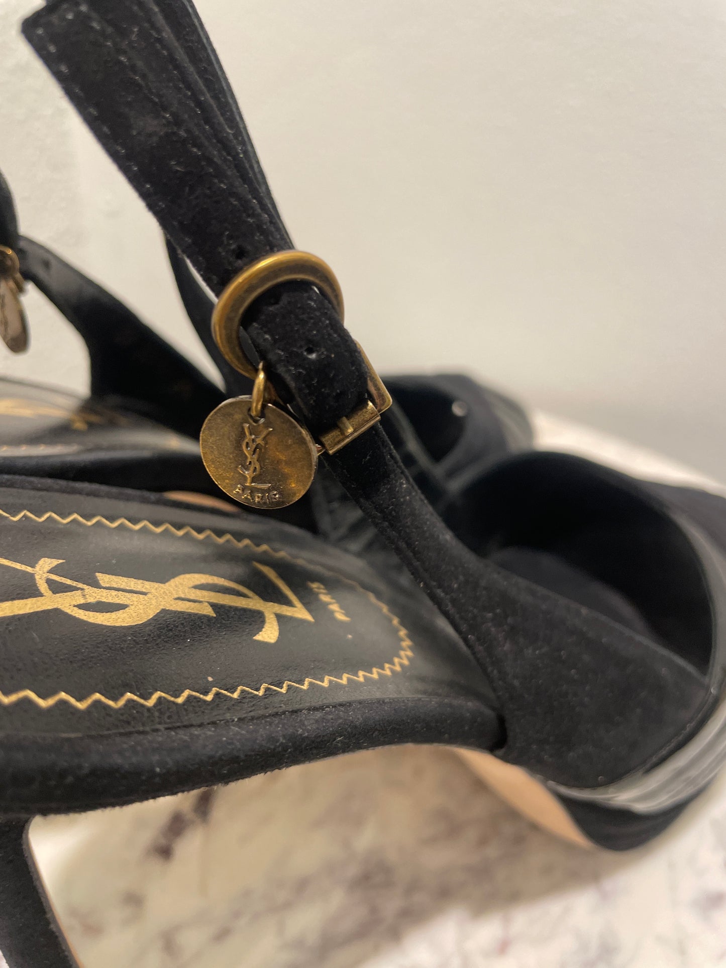 Vintage Yves Saint Laurent YSL Black Suede & Patent Leather Slingback Platform Heels - 39,5