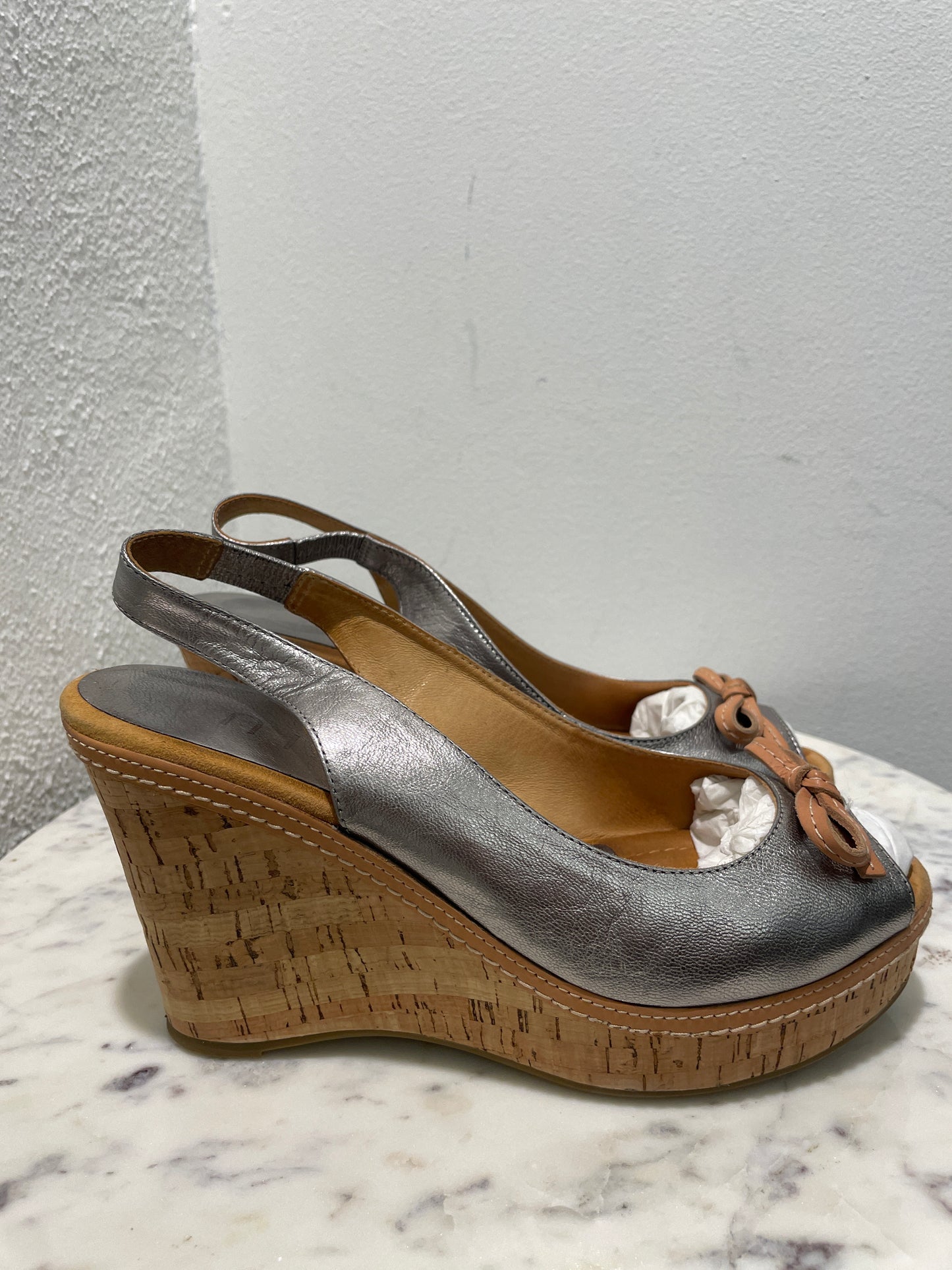 Unisa - Brand new Metallic Silver Slingback Wedge Sandals - 39