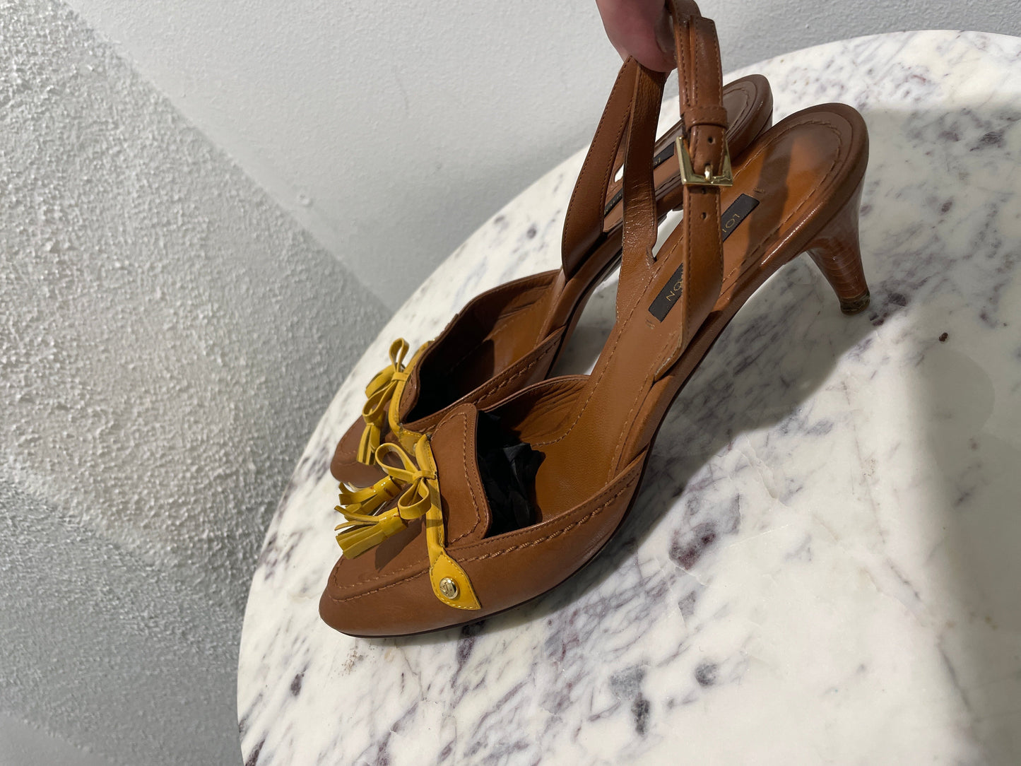 Louis Vuitton Tan Leather Pointed-Toe Slingback Heels with Yellow Tassel Bow - 37