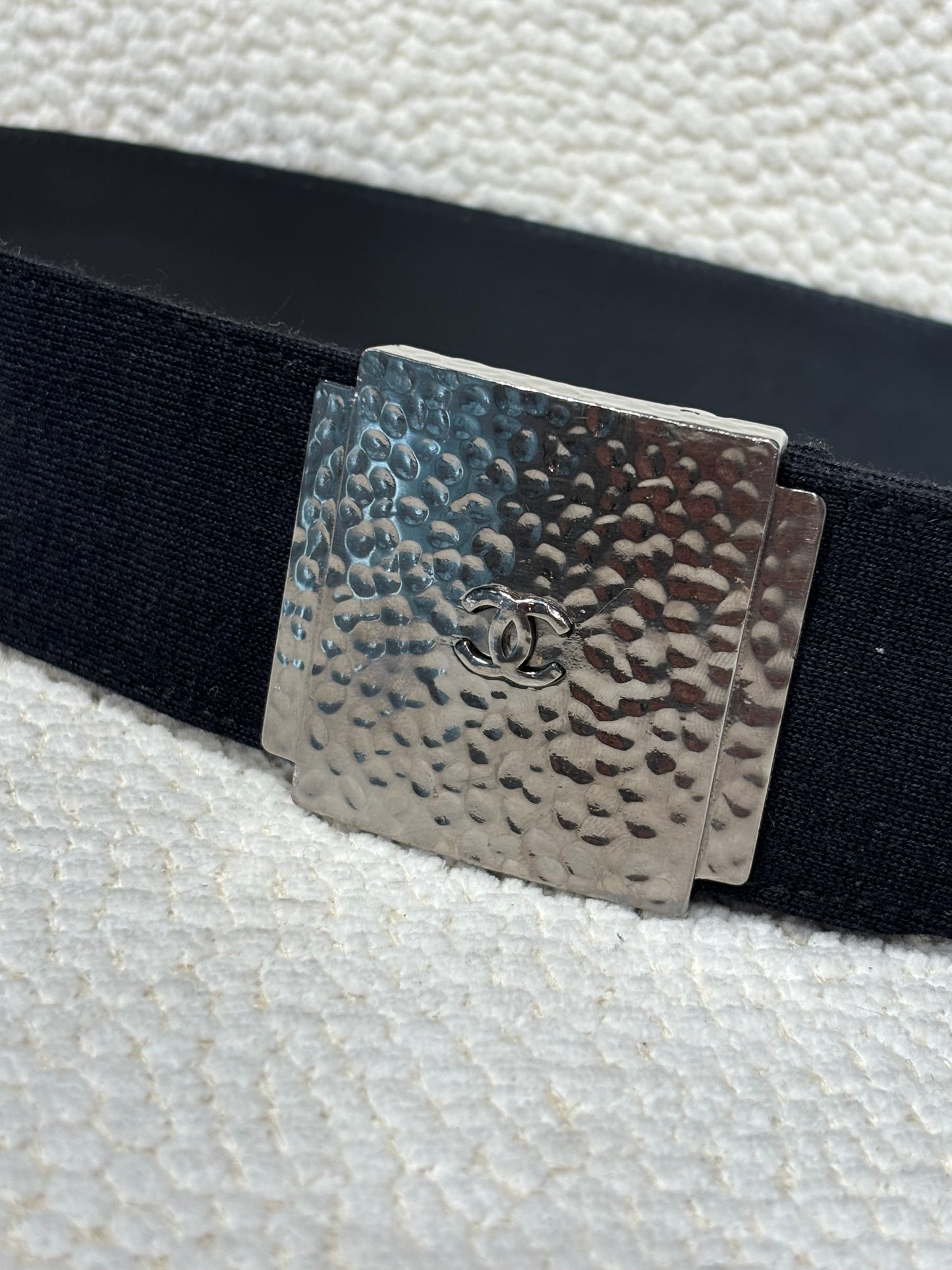 Chanel Belt – Black Canvas with Hammered Silver CC Buckle
