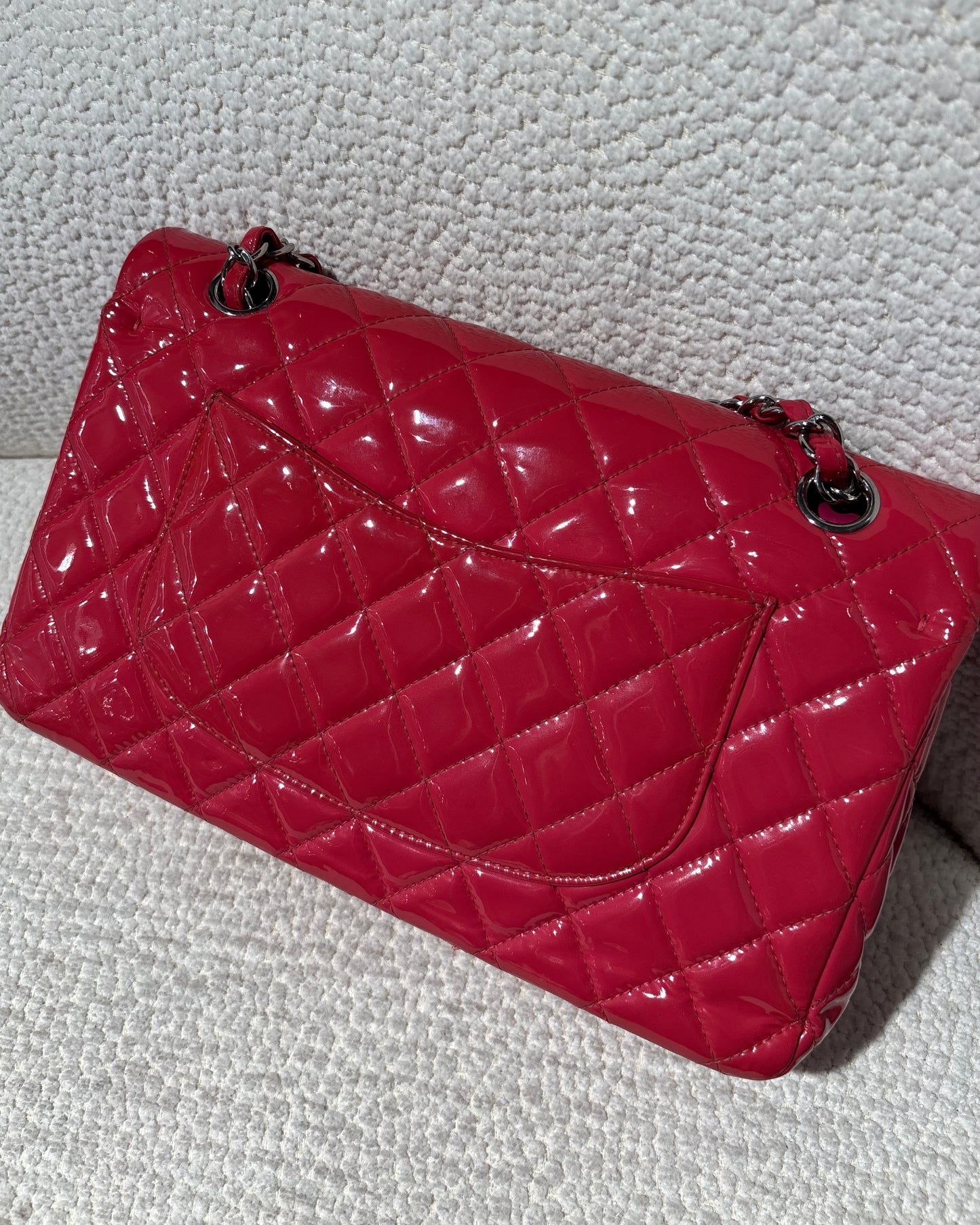Chanel Flap Bag - Raspberry Patent Leather & Silver Hardware