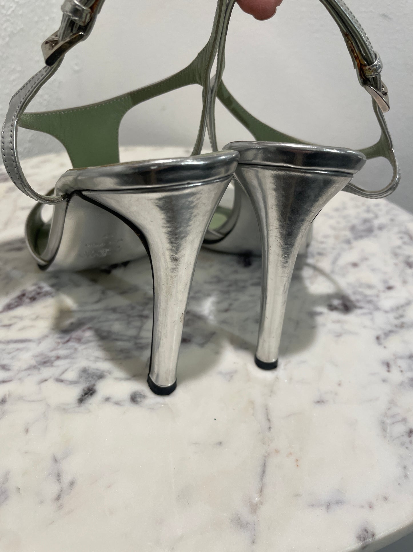 Vintage Prada Metallic Silver T-Strap Heeled Sandals - 37