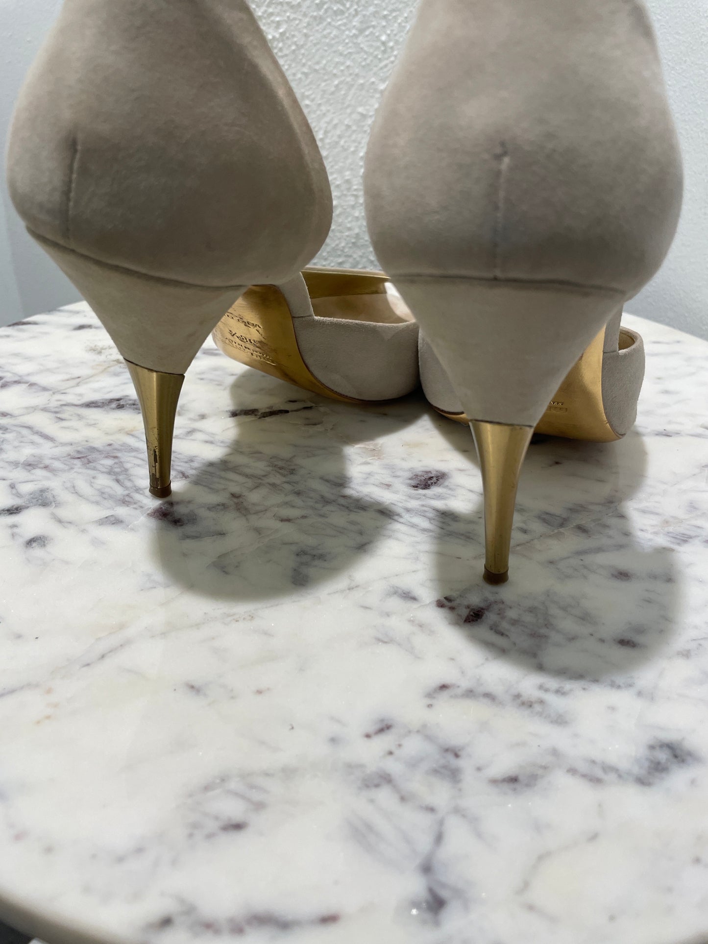 Vintage Miu Miu Beige Suede Peep-Toe Pumps with Gold Heels - 39