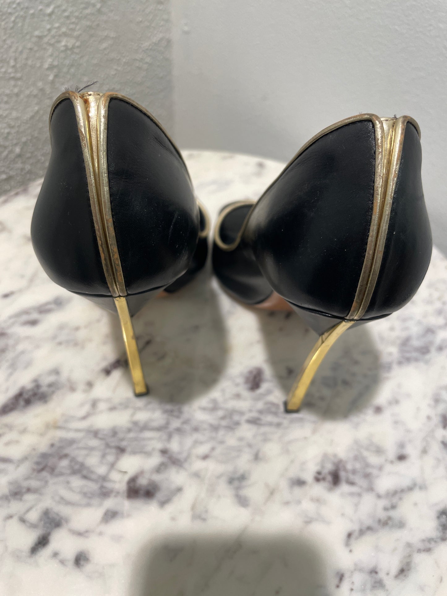 Casadei Black Leather 'Blade' Peep-Toe Pumps with Gold Trim & Heel - 37,5