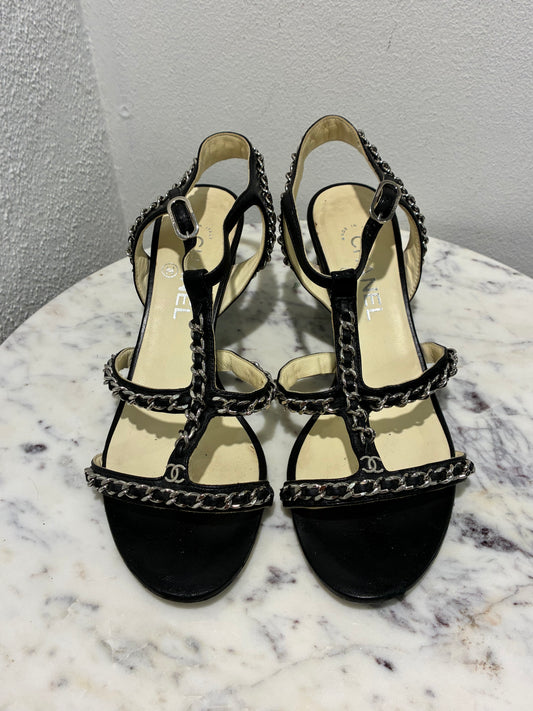 Chanel CC Chain Sandals - Leather & Silver Logos - 39,5