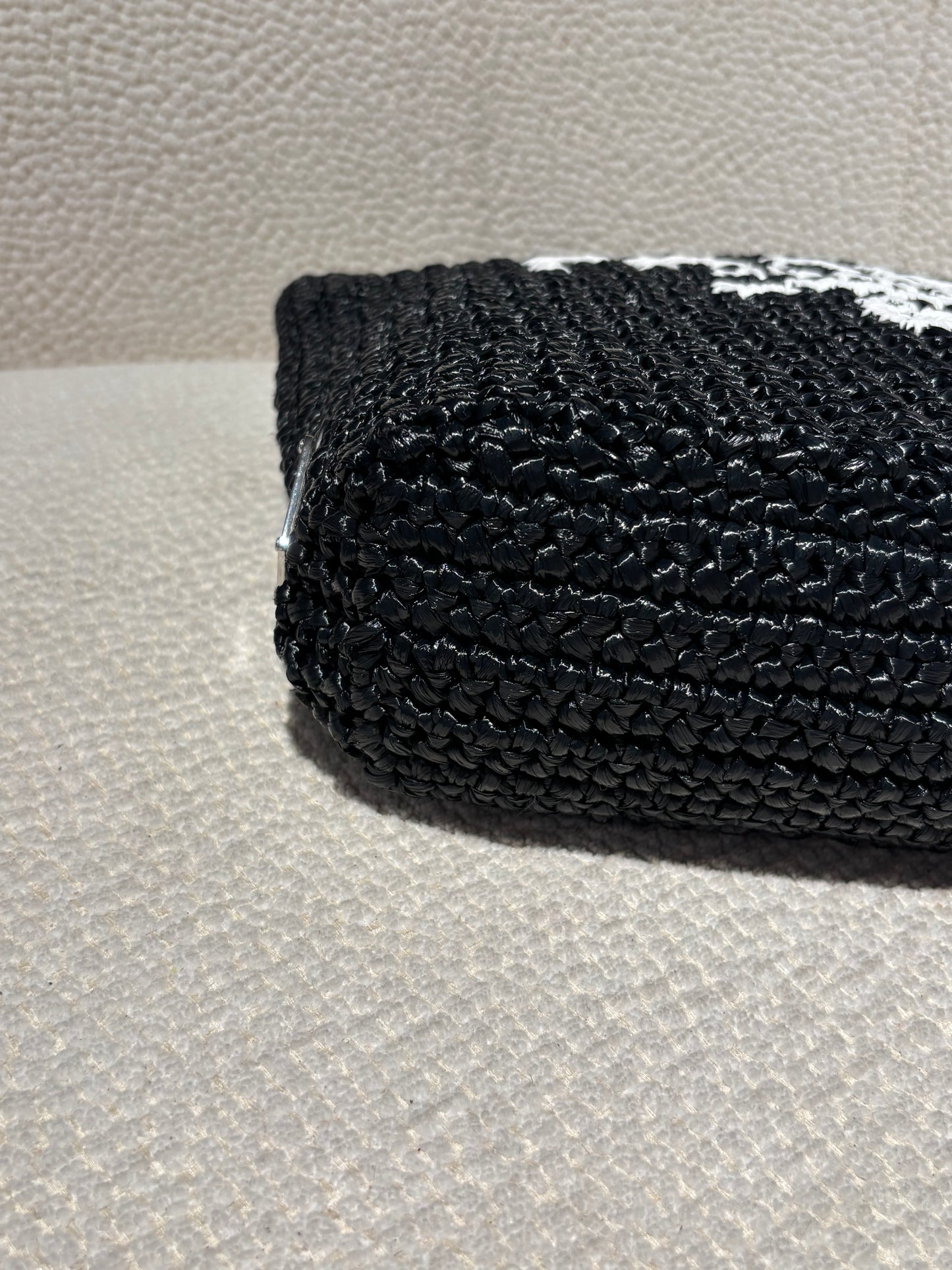 Prada Raffia Tote – Black with White Logo Text