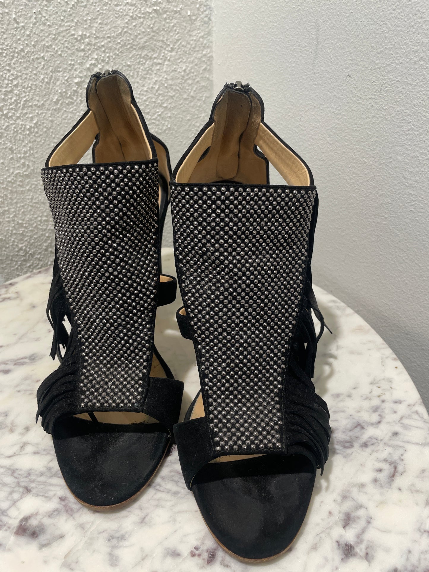 Giuseppe Zanotti Black Suede Studded Fringe Heeled Sandals - 40