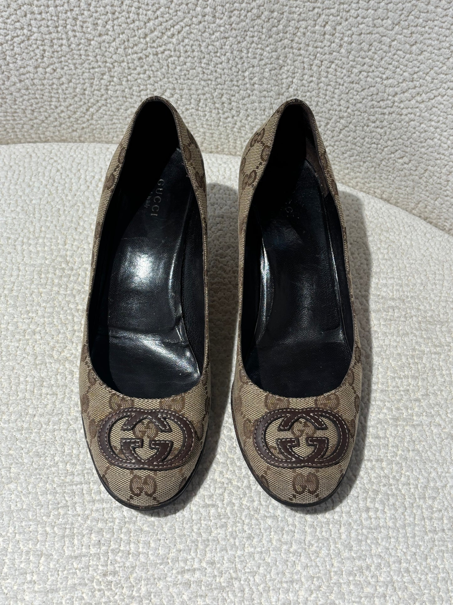 Gucci Kitten Heels - Beige Monogram & Brown Logo - EU 38.5C