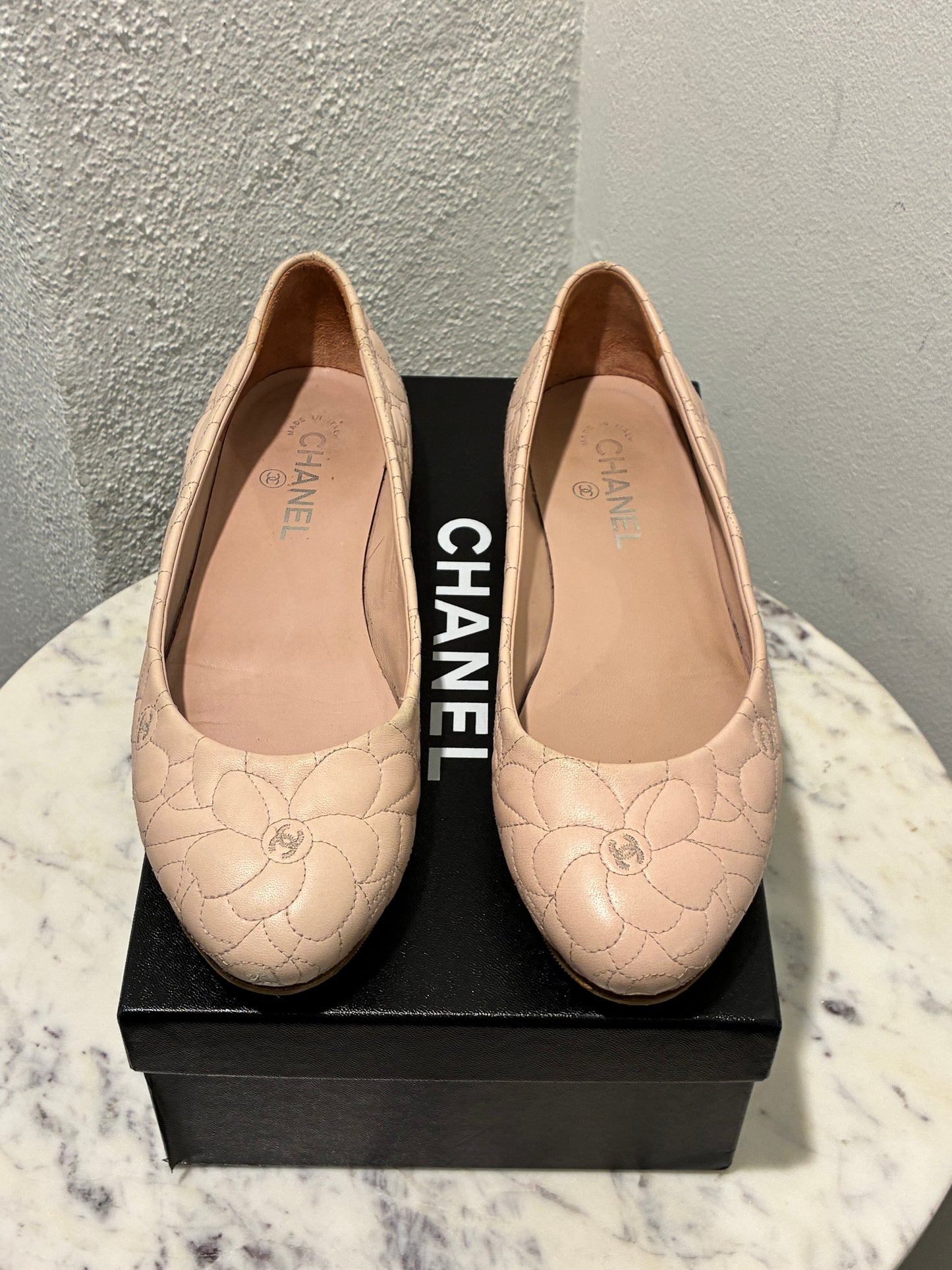 Chanel Ballerina Flats – Blush Leather with Camelia Print & Logos – EU 40.5