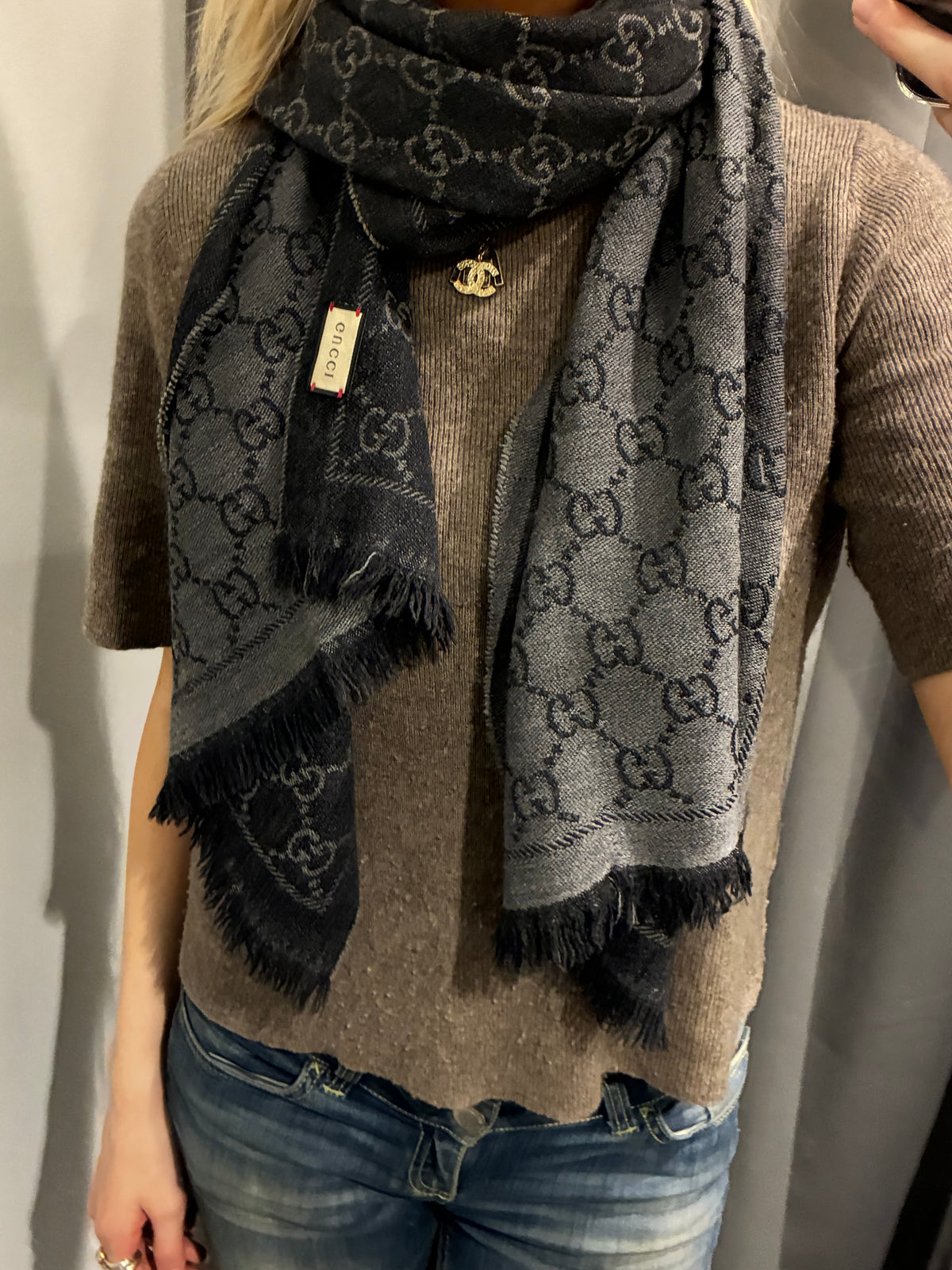 Gucci Monogram Scarf - Brown & Light Grey/Taupe