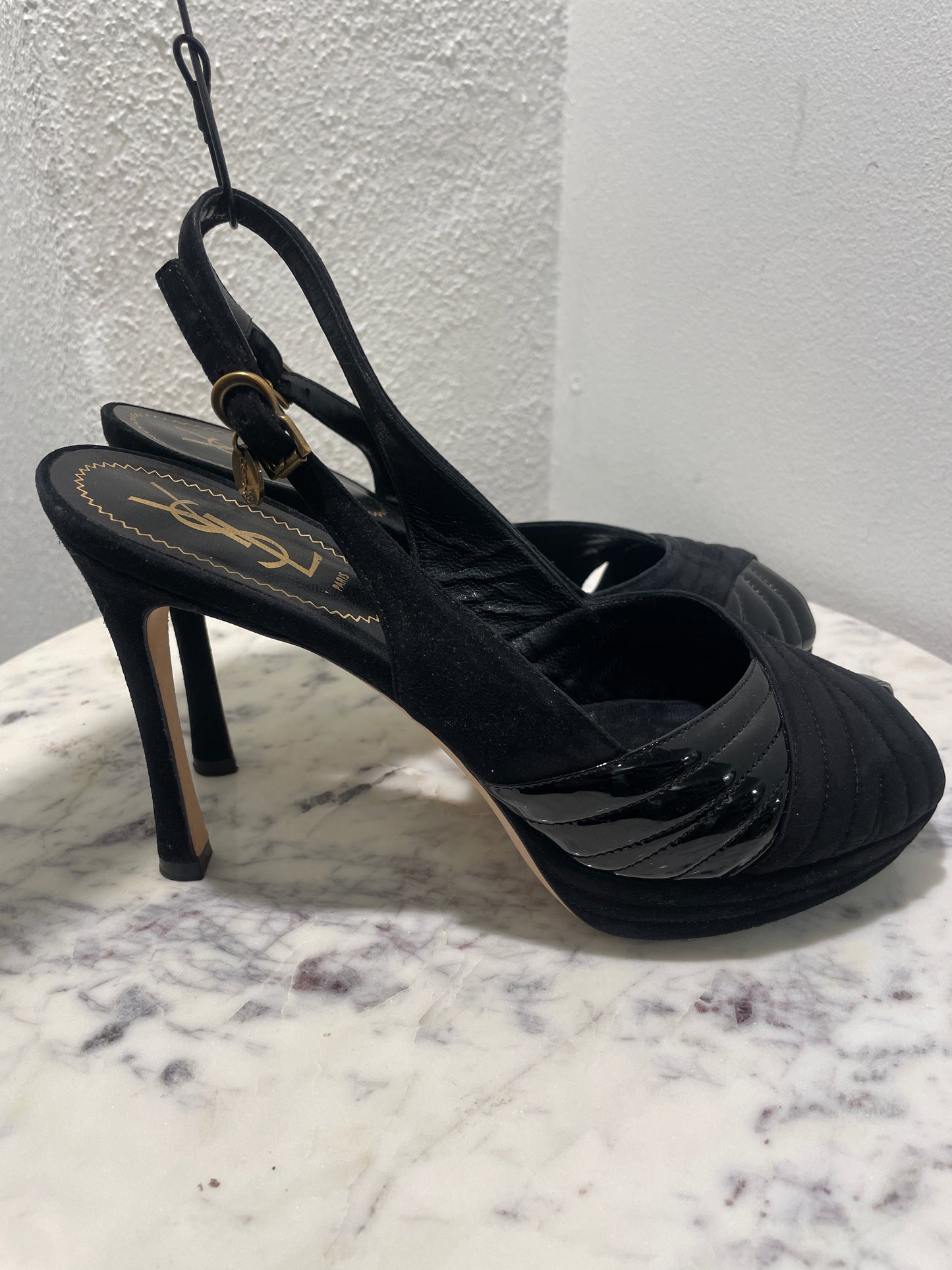 Vintage Yves Saint Laurent YSL Black Suede & Patent Leather Slingback Platform Heels - 39,5