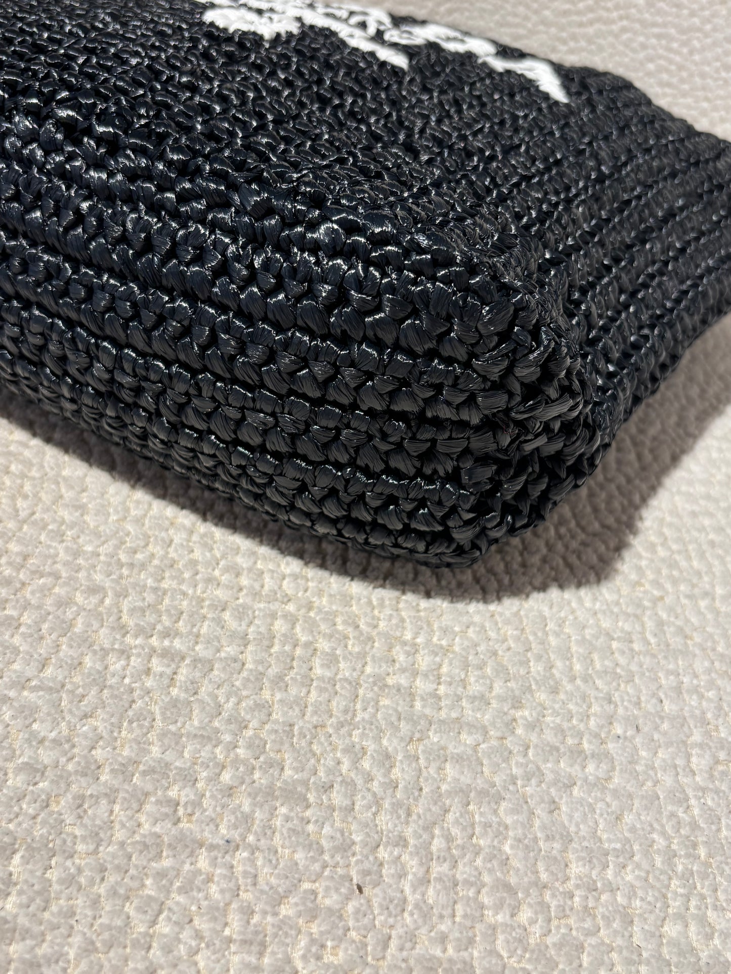 Prada Raffia Tote – Black with White Logo Text