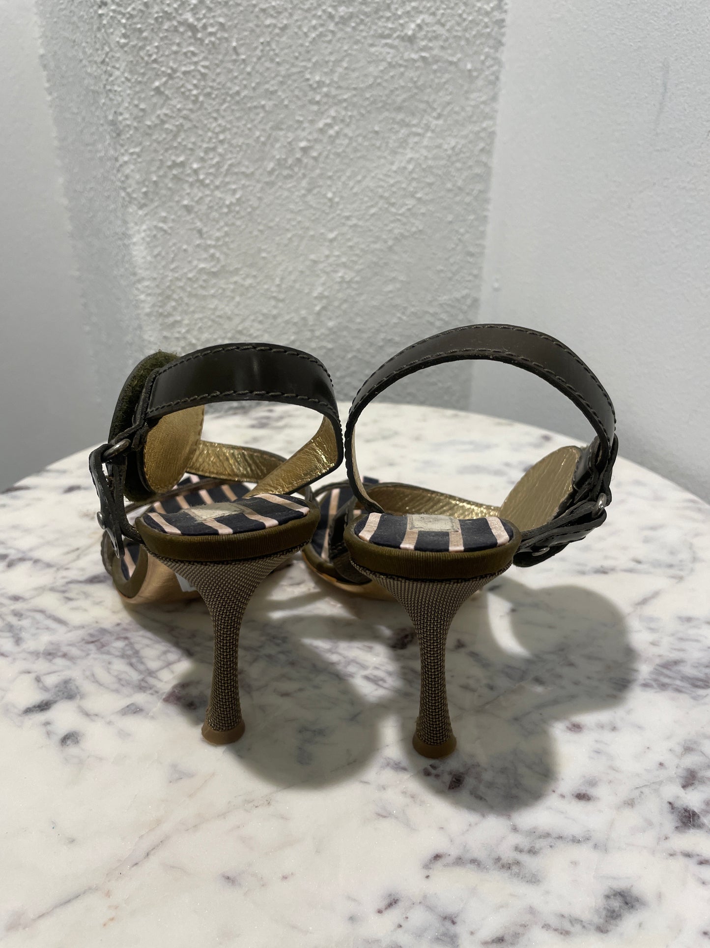 Christian Lacroix Vintage Striped Silk Strappy Sandals with Rhinestone Circle Details -  36