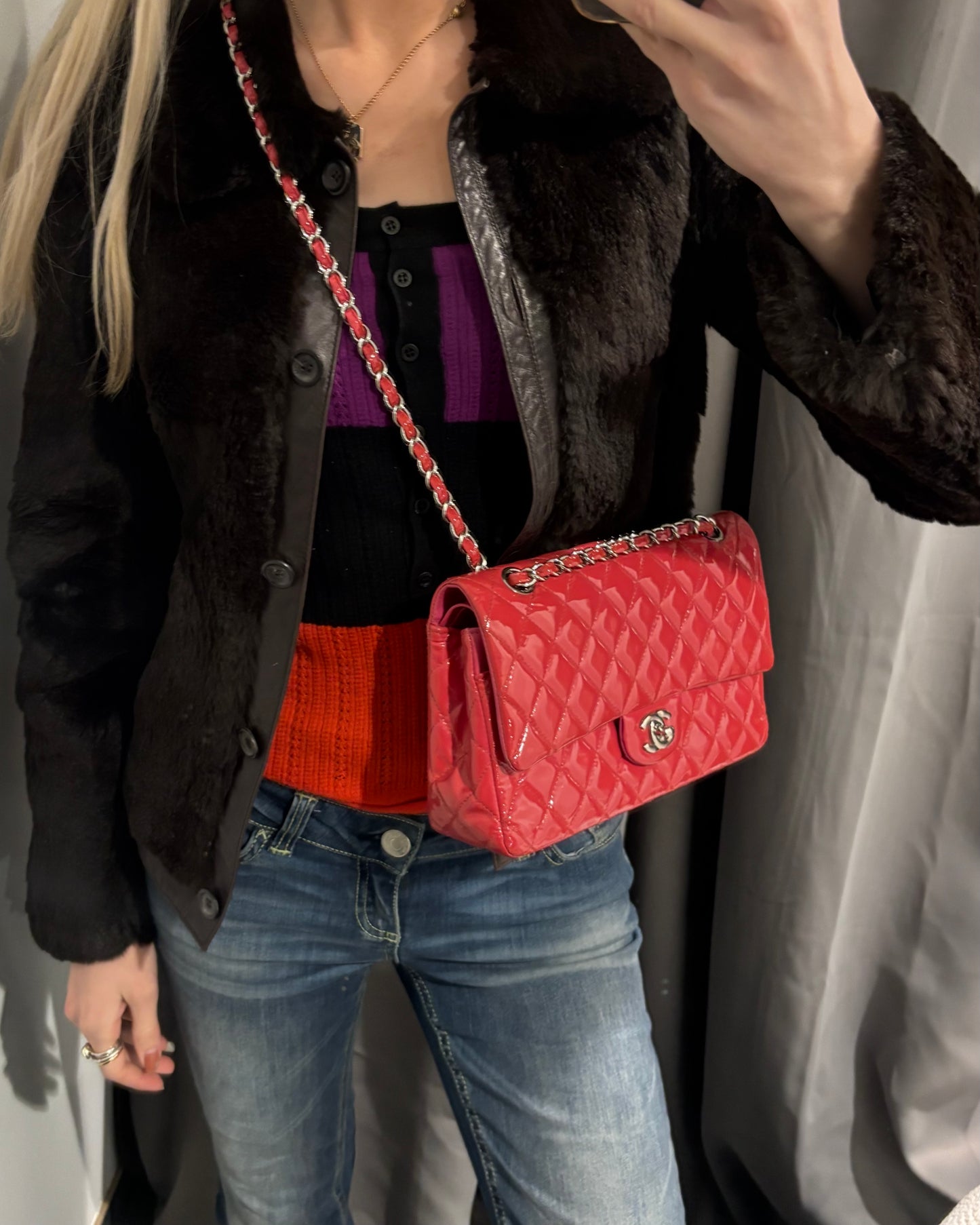 Chanel Flap Bag - Raspberry Patent Leather & Silver Hardware