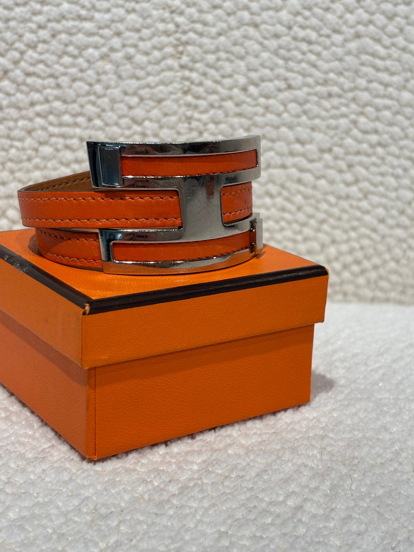 Hermés Bracelet - Orange Leather & H Lock in Silver