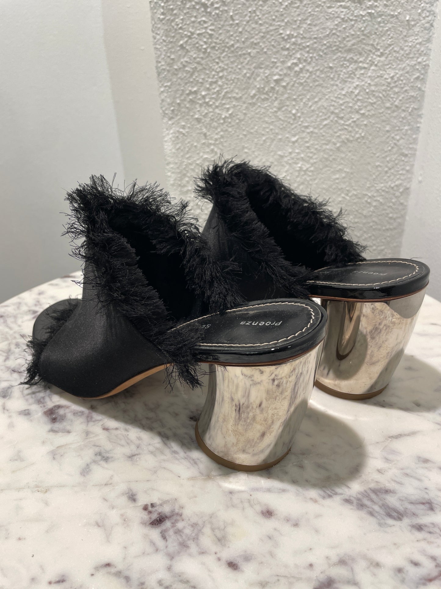 Proenza Schouler - Fringed Satin Open-Toe Mules with Metallic Block Heel - 39