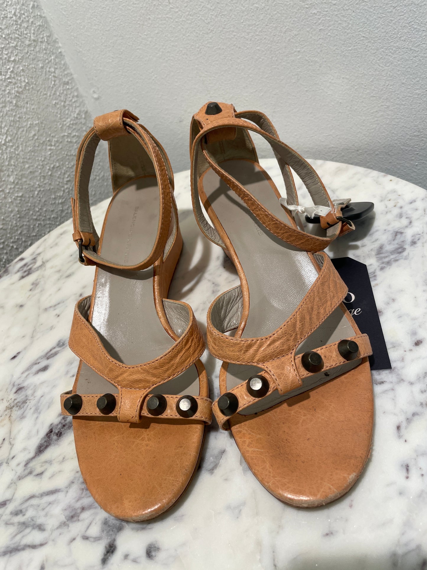 Authentic Balenciaga Arena Leather Giant Studded Wedge Sandals - 37