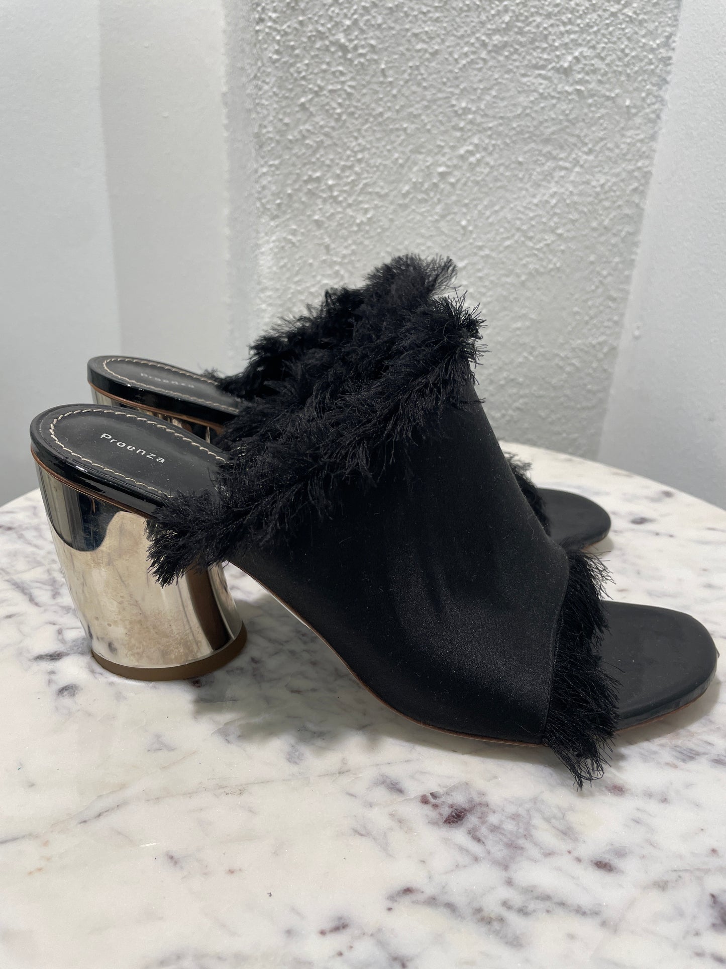 Proenza Schouler - Fringed Satin Open-Toe Mules with Metallic Block Heel - 39