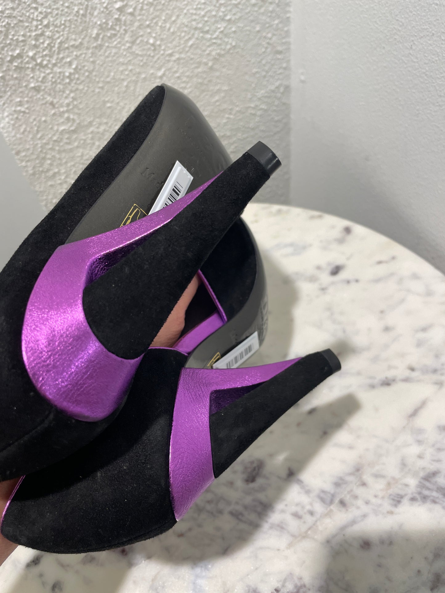 Vintage Dolce & Gabbana Black Suede Peep-Toe Pumps with Purple Heel Accents - 38